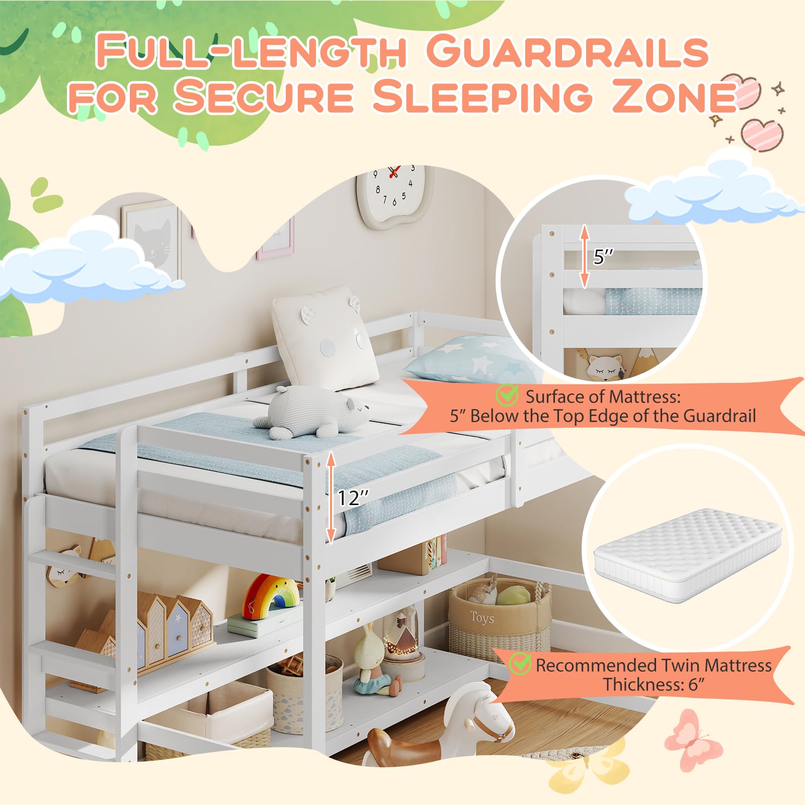 Twin Low Loft Bed with Storage Shelves and Ladder