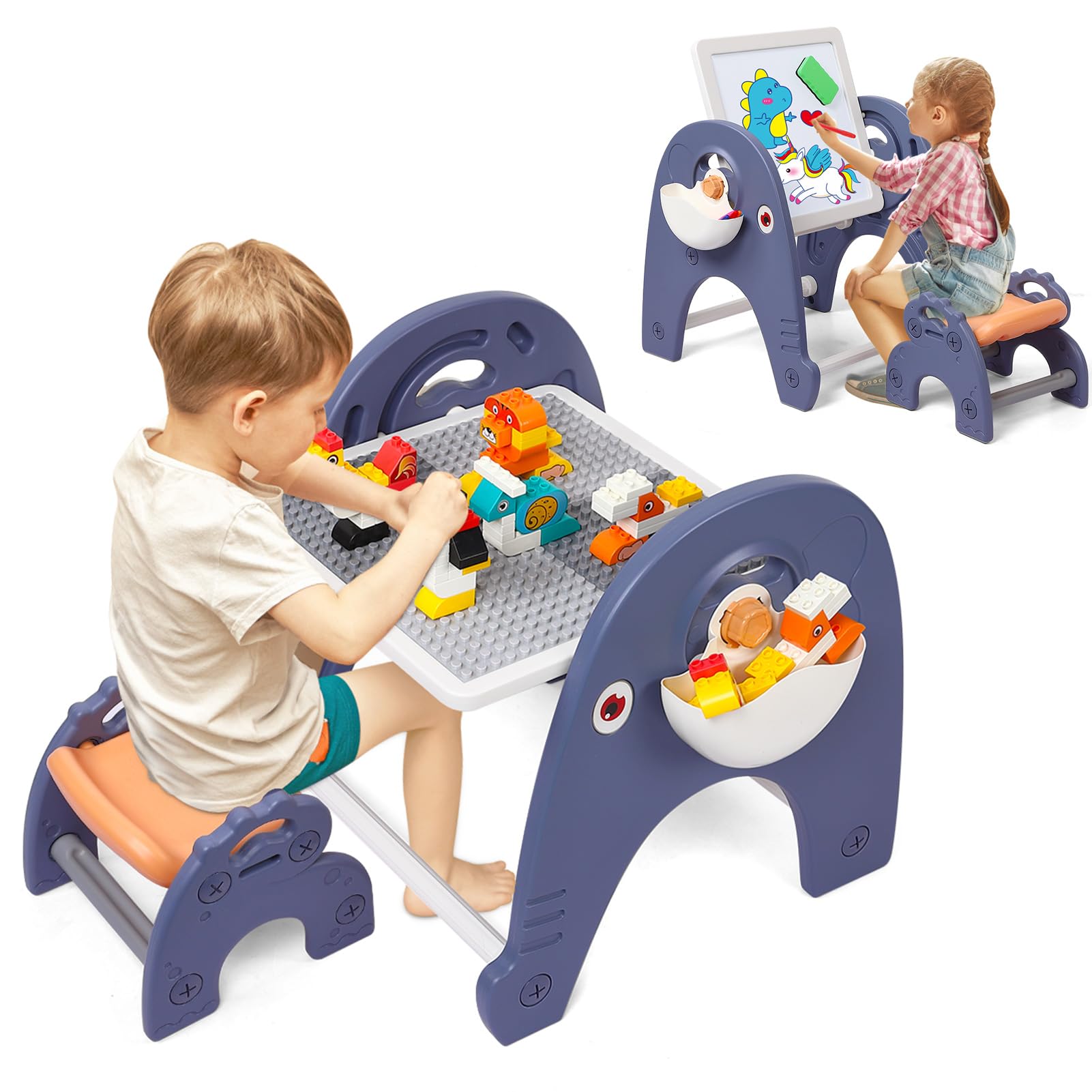 Kids Easel, Toddler Table Foldable Easel with Building Block Table