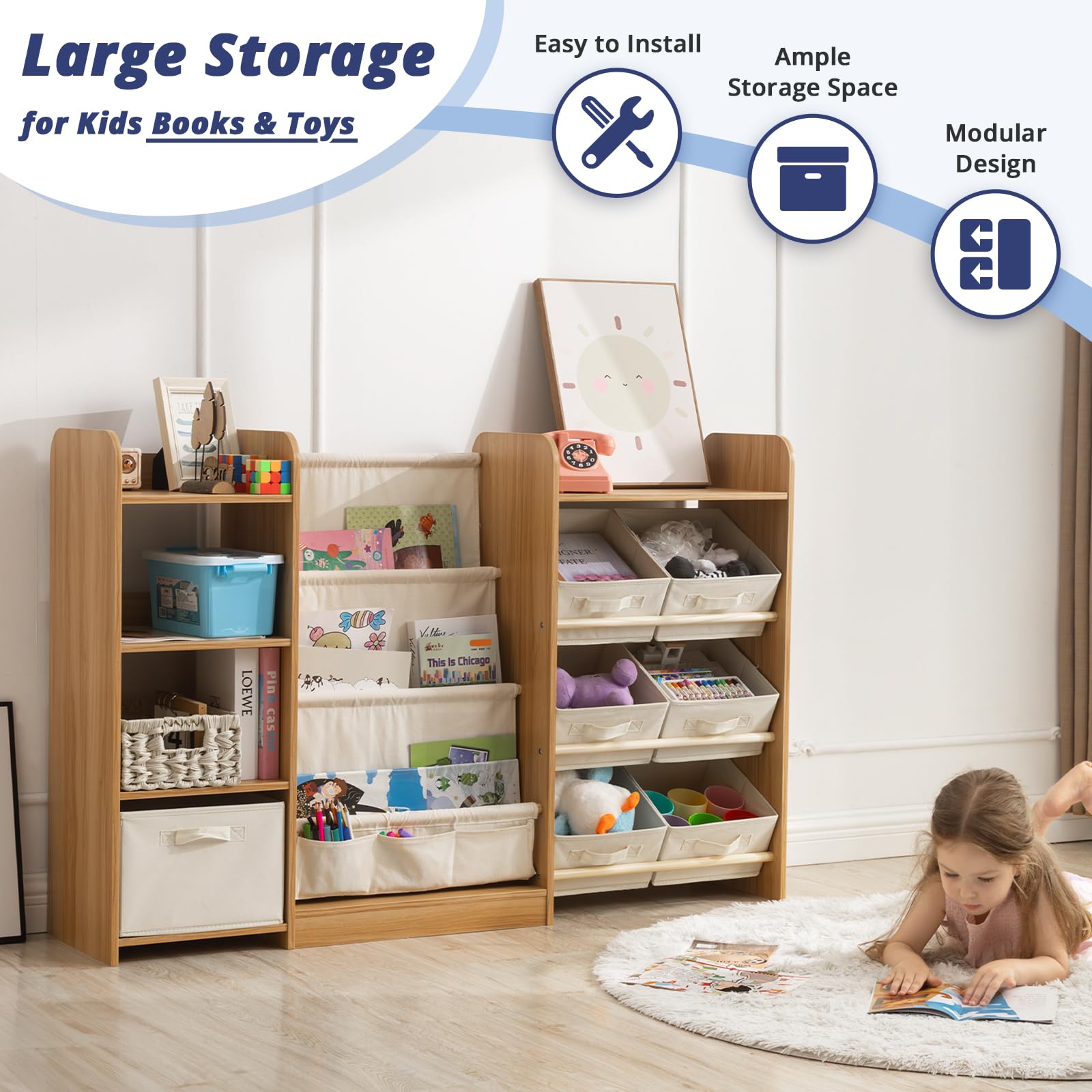Kids Toy Storage Organizer with Bookshelf and 7 Bins