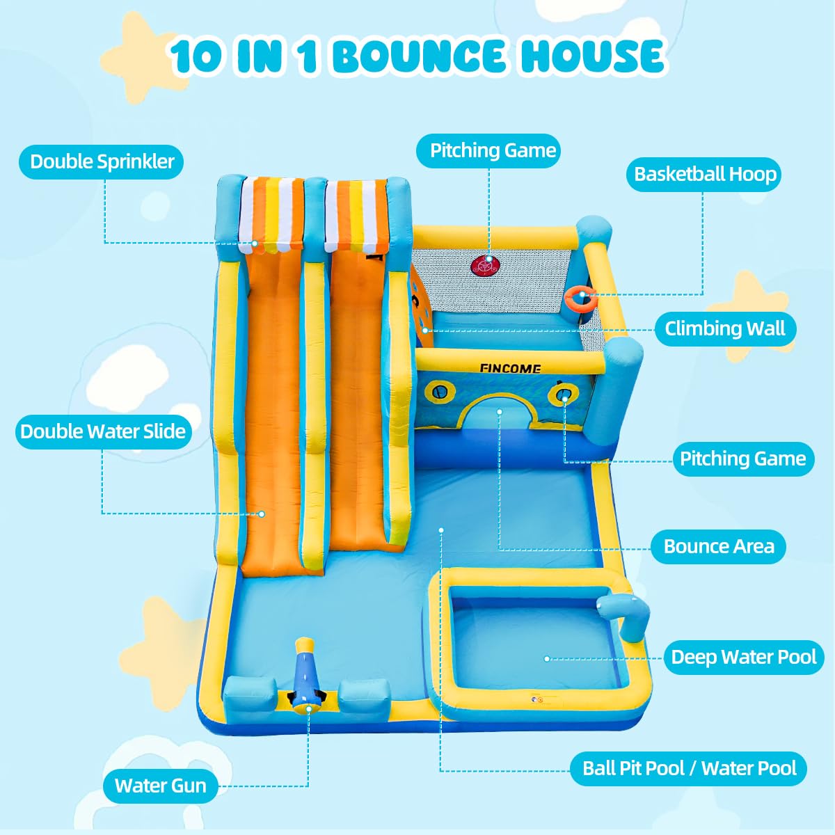 10-in-1 Inflatable Water Slide Bounce House with Blower