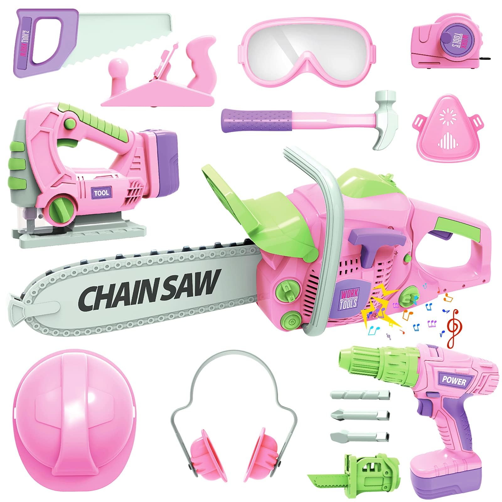 Tool Set for 3 4 5 6 7 Year Old Boys Girl,Pink Preschool Pretend Play