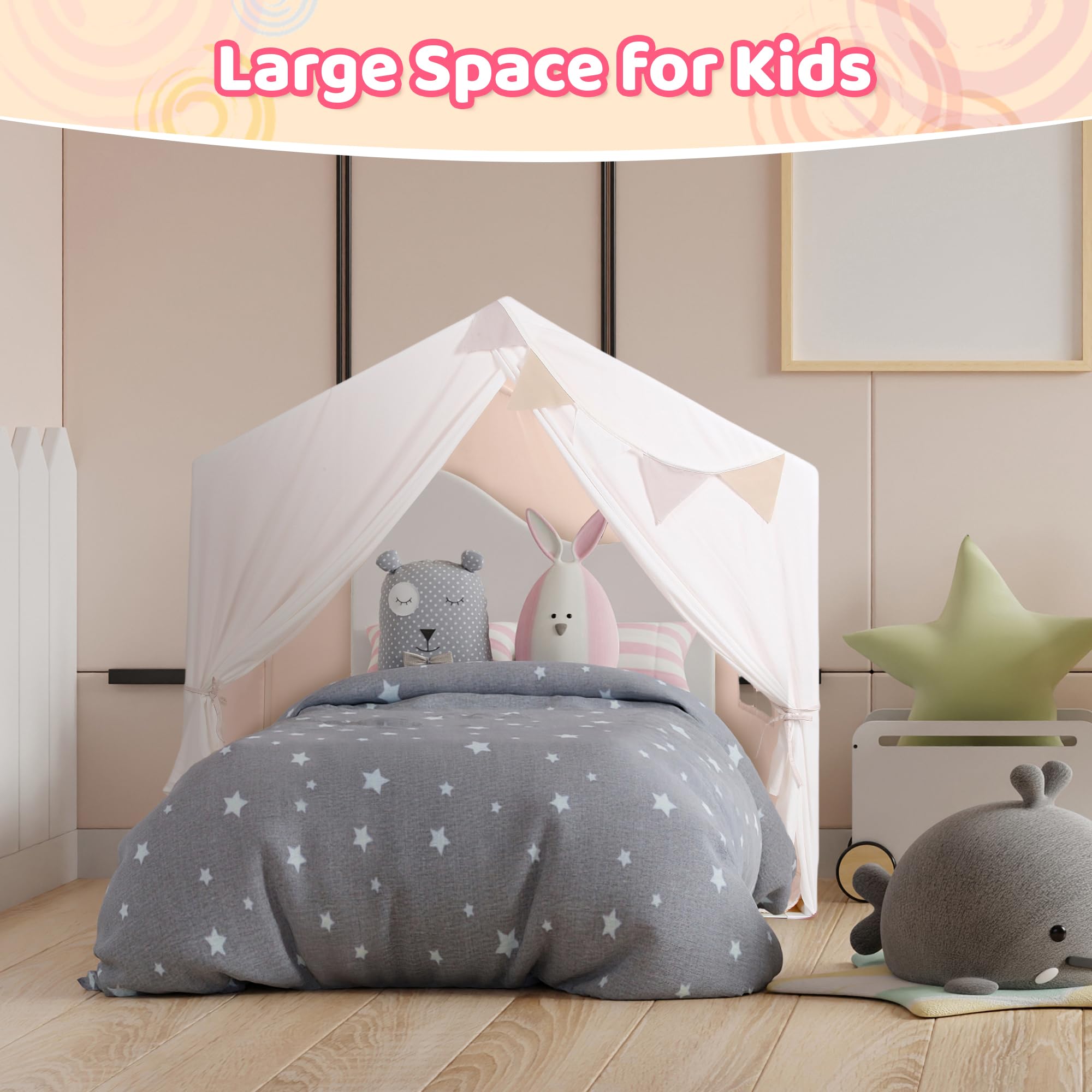 Kids Play Tent, Large Playhouse with Star Lights and Mat, Washable Indoor Toddler Teepee Tent for Boys & Girls, Children's Tent with Flags, Beige, 52L x36W x52H, Age 3+