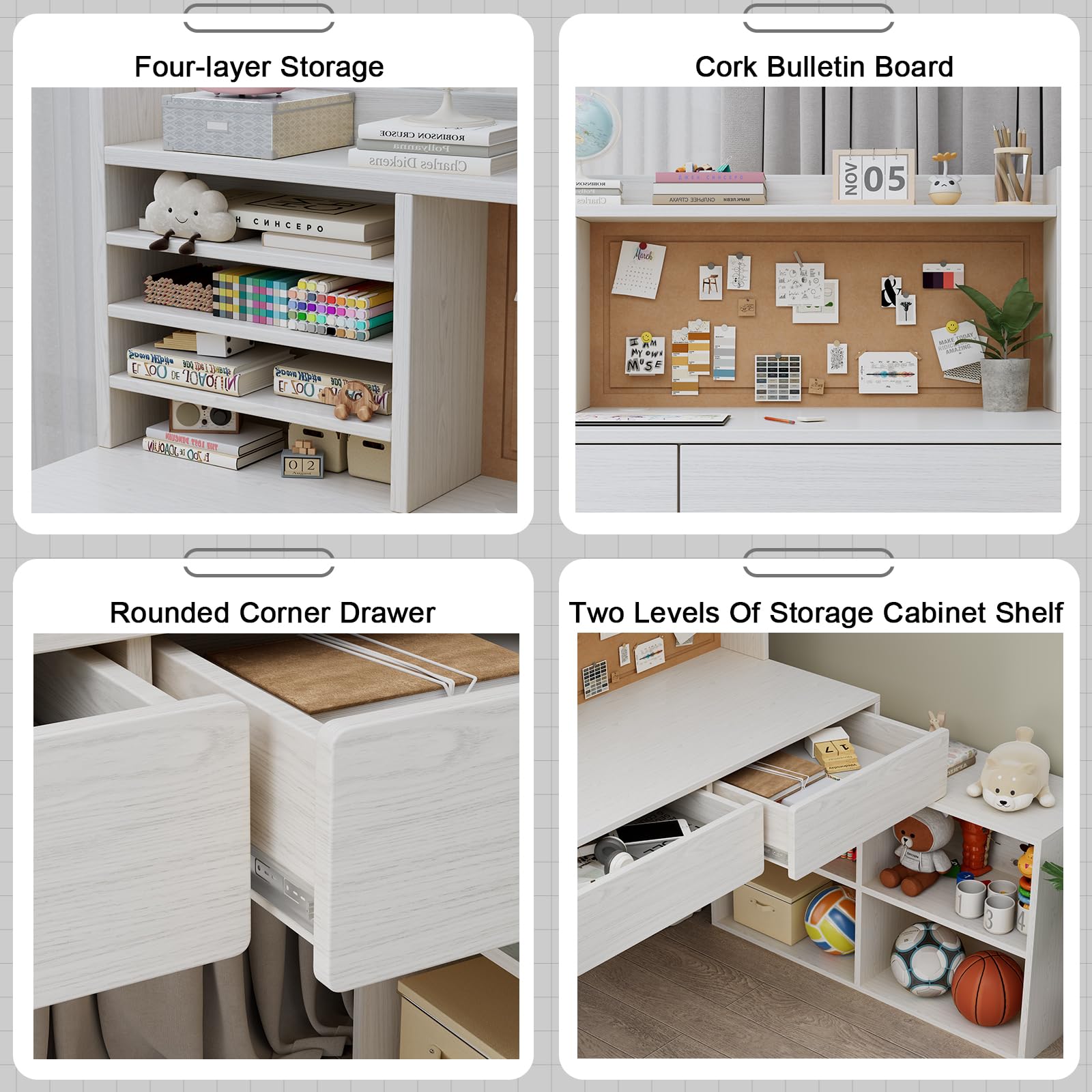 White Wooden Kids Desk and Chair Set with Storage Cabinet
