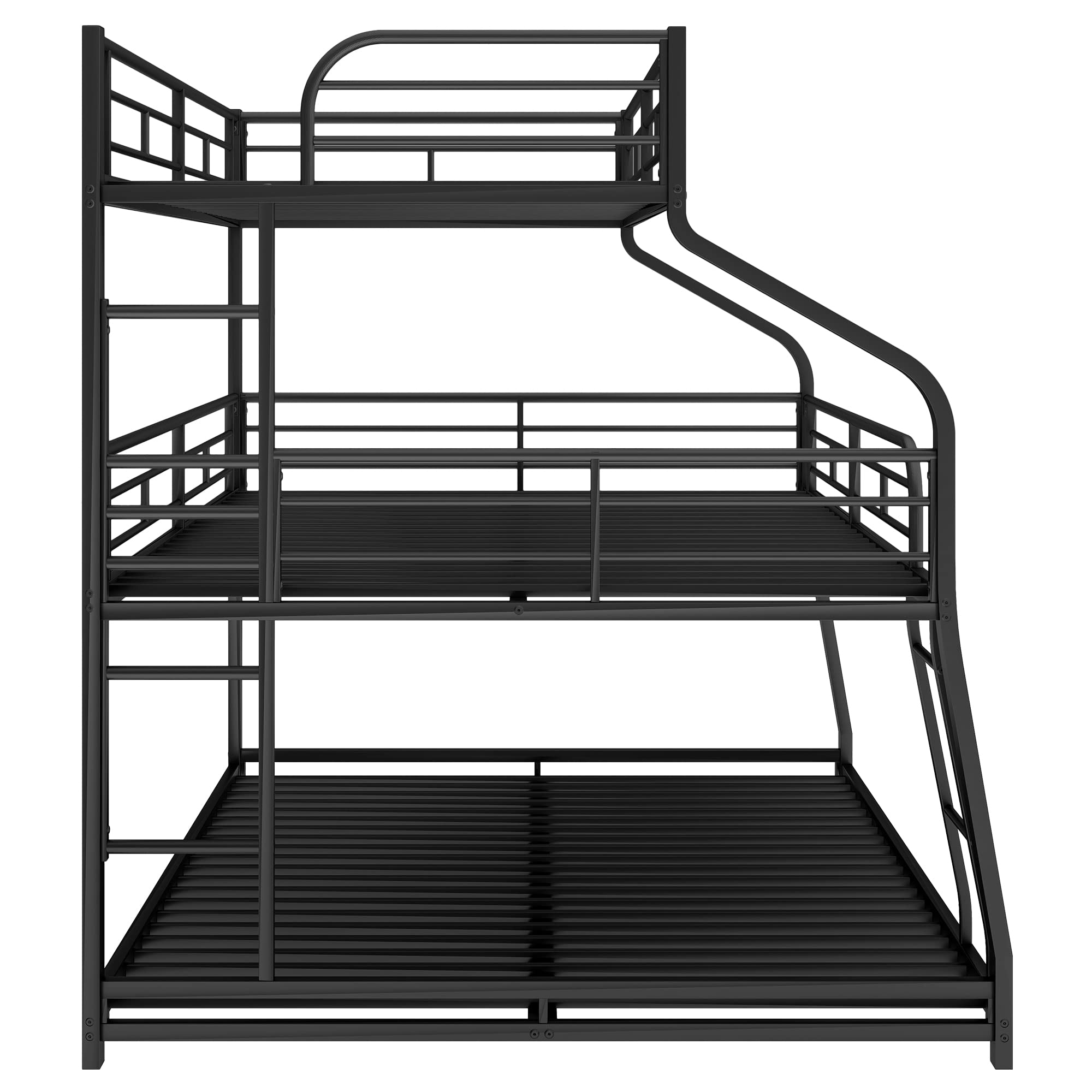 Metal Triple Bunk Bed with Guardrails and Ladder Black