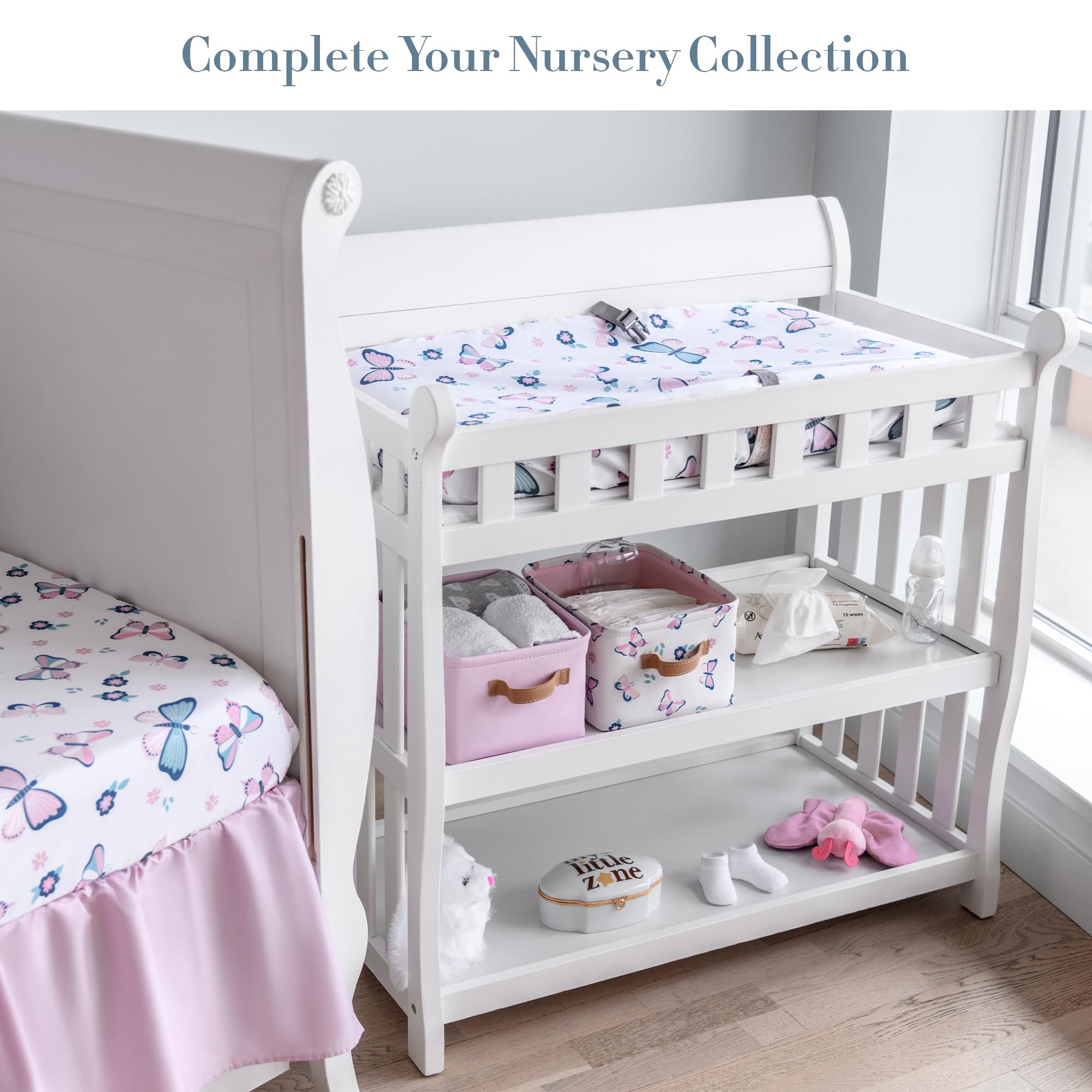 Butterfly Crib Bedding Set for Girls - 5 Pieces Including Baby Girl Blanket, 2 Crib Sheets, Crib Skirt, and Purple Butterfly Wall Sticker - White & Pink - Butterfly Nursery Decor
