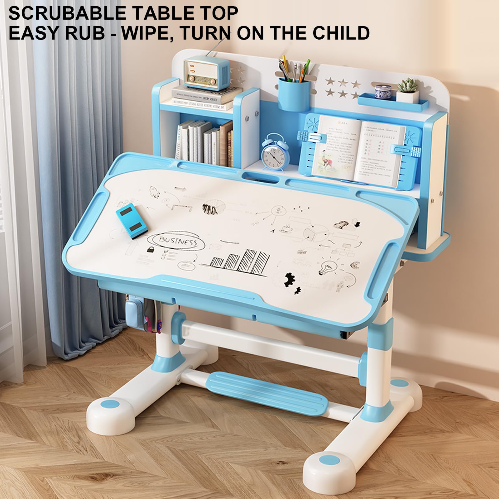 Height Adjustable Kids Desk and Chair Set with Storage