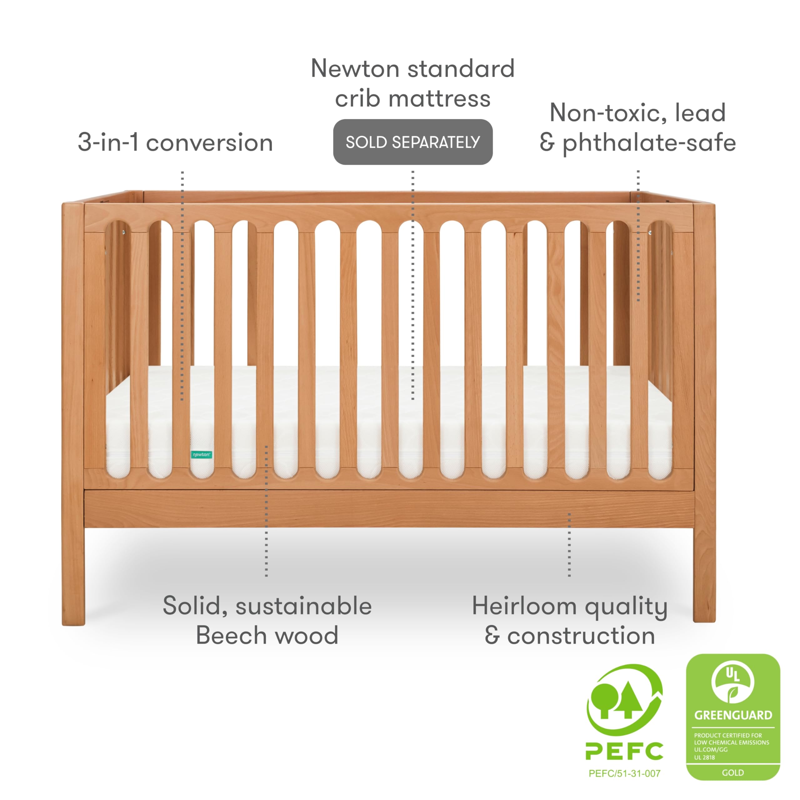 Convertible Crib Solid Beech Wood 3-in-1