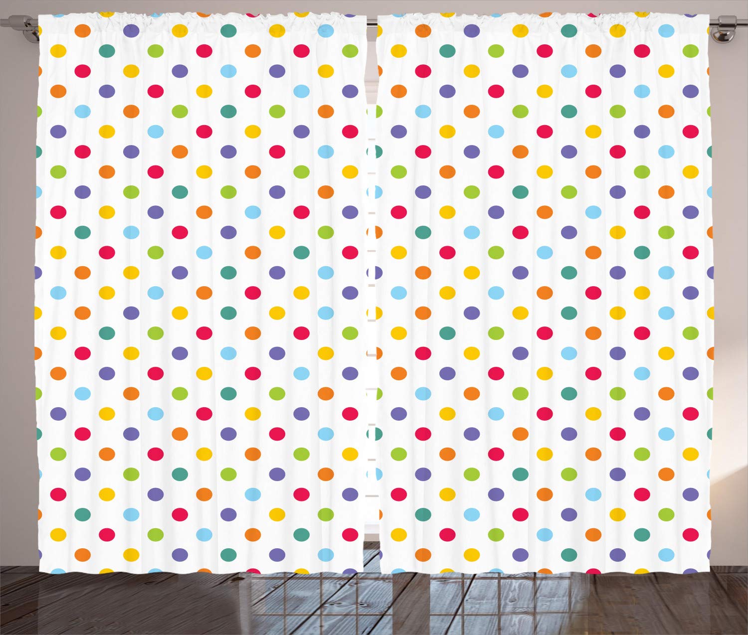Abstract Curtains, Colorful Polka Dots Round Circular Vintage Fashion Girls