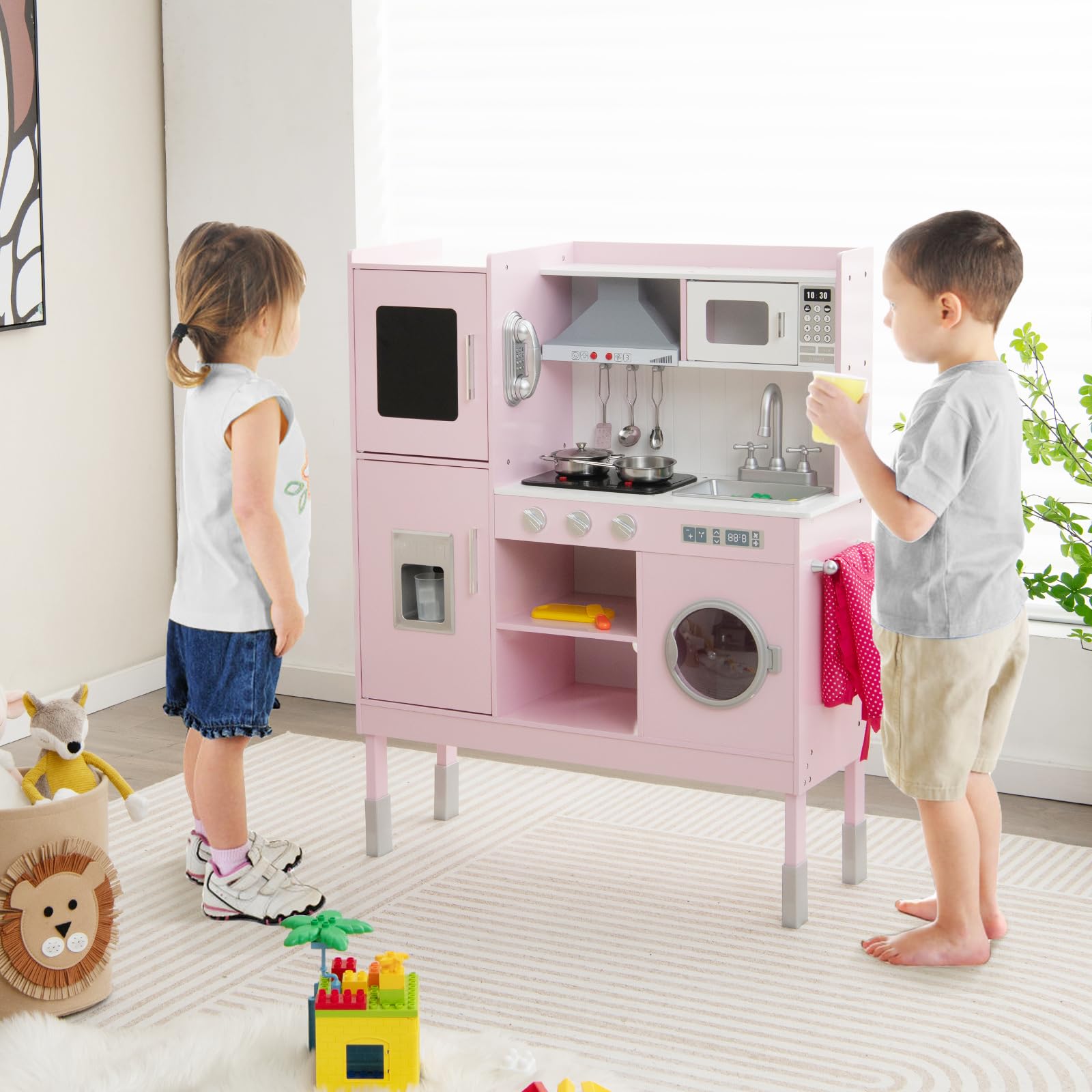 Kids Kitchen Playset, Wooden Toddler Montessori Toy Set w/Sound & Light