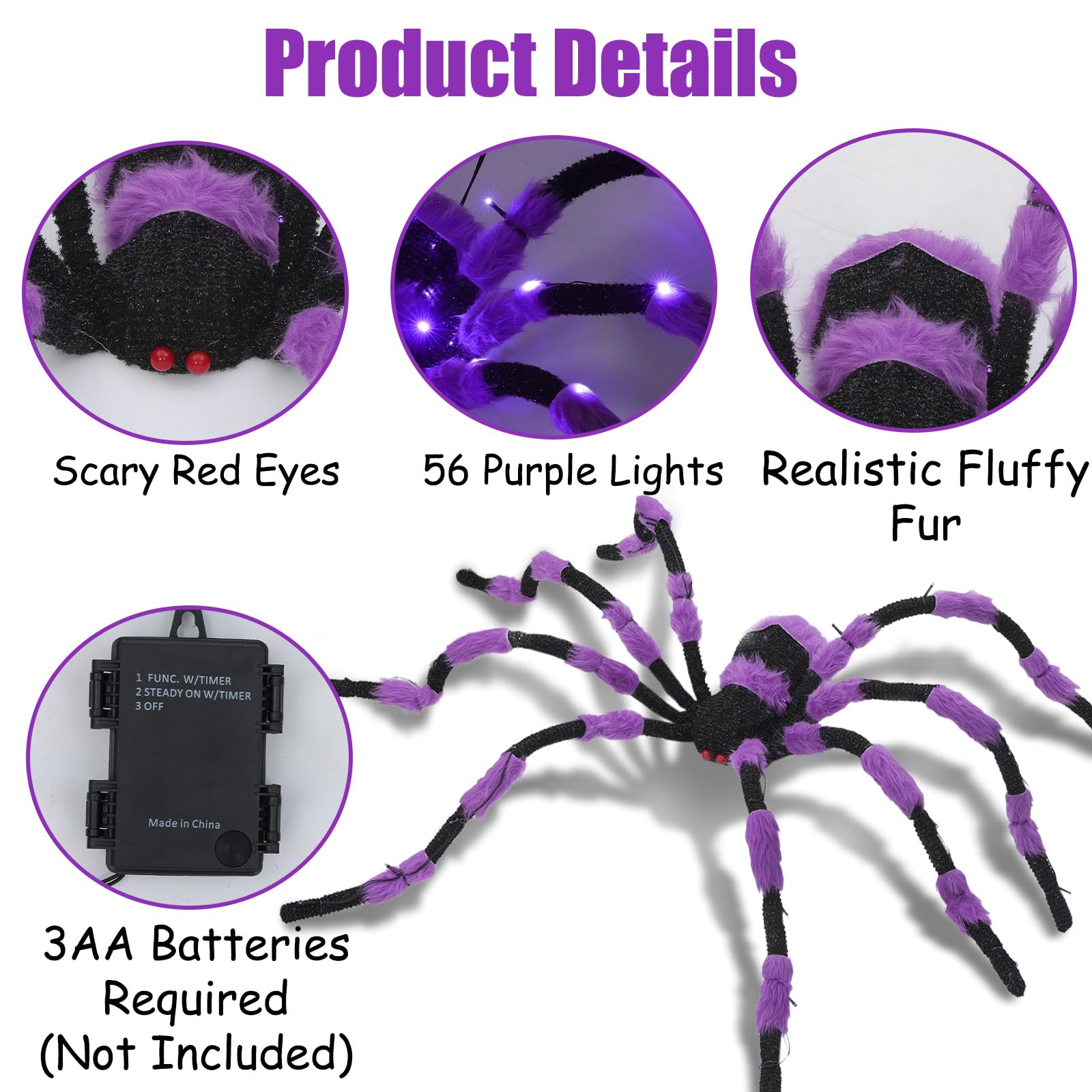 60" Giant Lighted Halloween Spider with LED Eyes