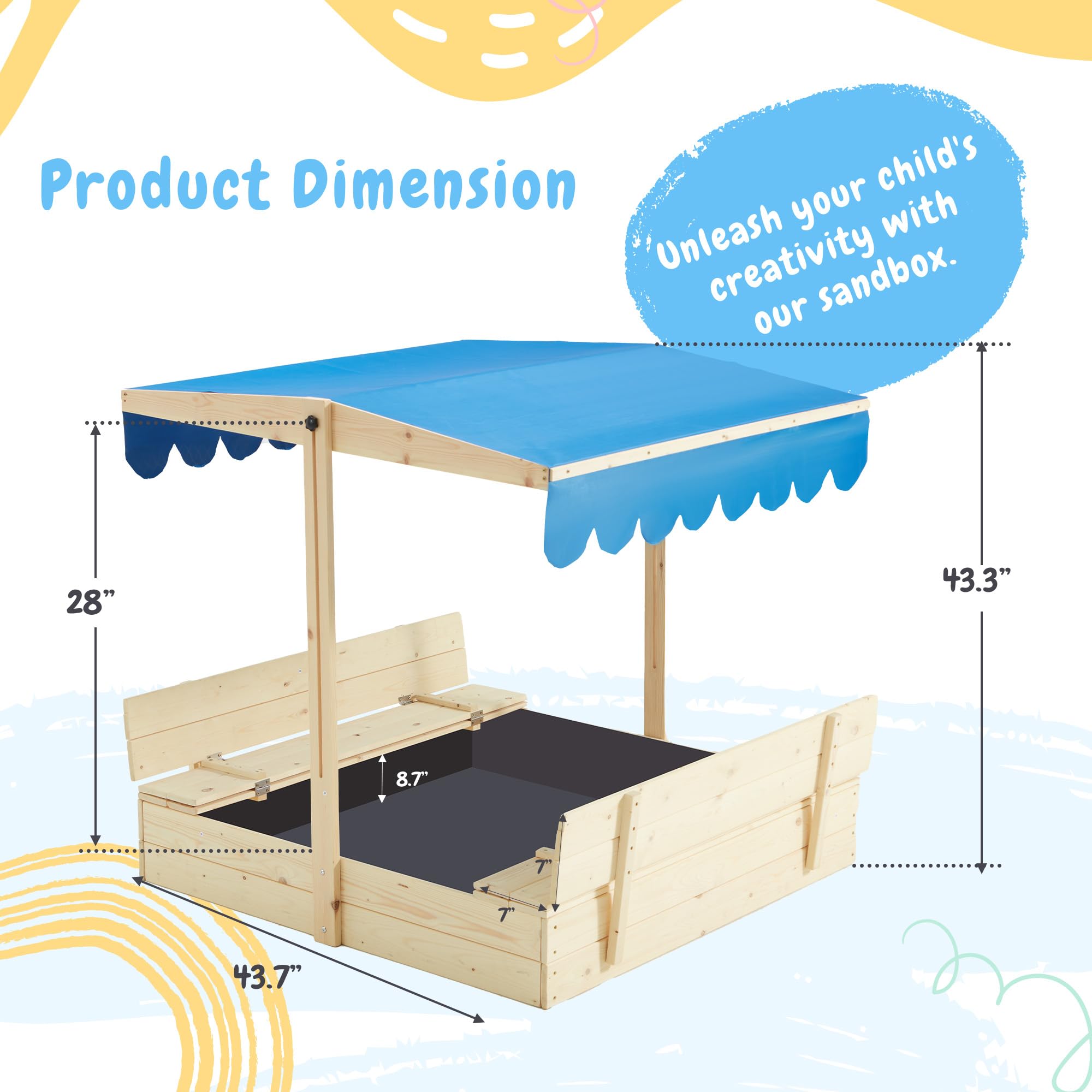 Wooden Sandbox with Canopy and Bench Seats