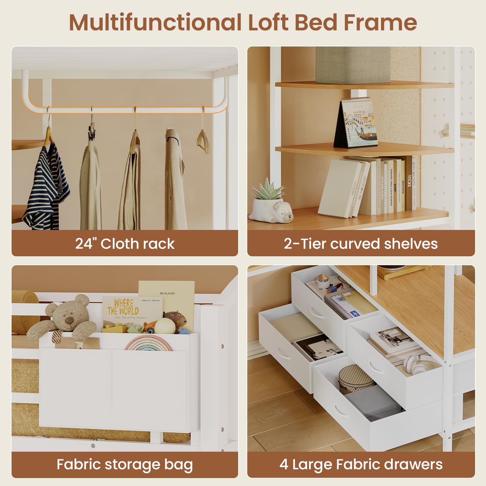 Twin Loft Bed with L-Shaped Desk and LED Lights