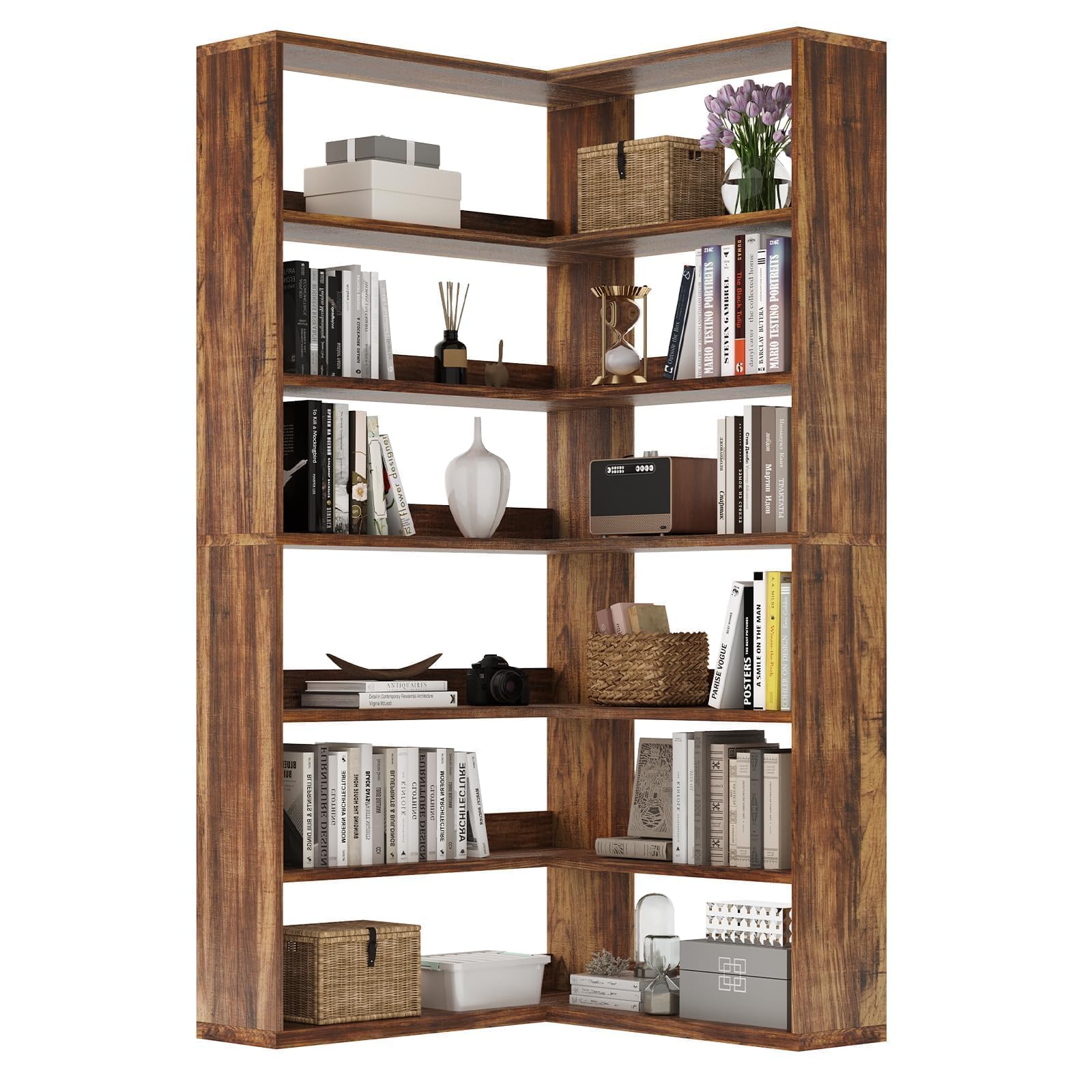 Corner Bookshelf, 6 Tier Corner Book Shelf with LED Light and Storage