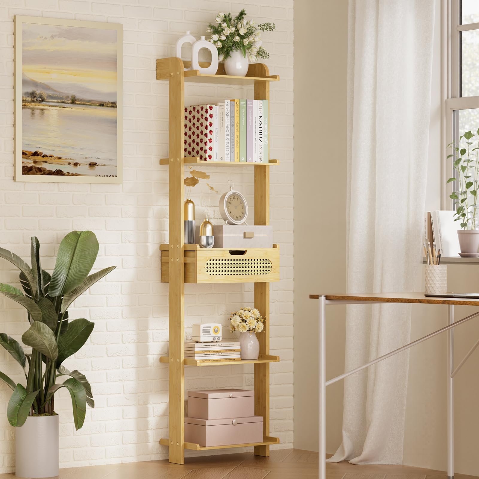 Amazer 5-Tier Ladder Shelf, Bamboo Wall Mounted Bookshelf with Drawer, Wood Ladder Bookcase Freestanding Rack Units for Bedroom, Living Room, Home