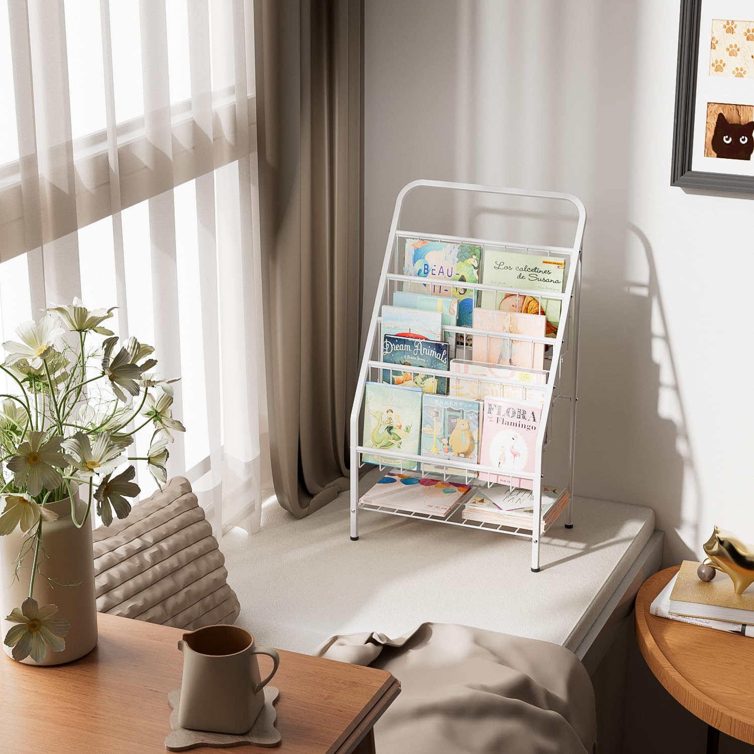4-Tier Metal Kids Bookshelf with Toy Storage Organizer