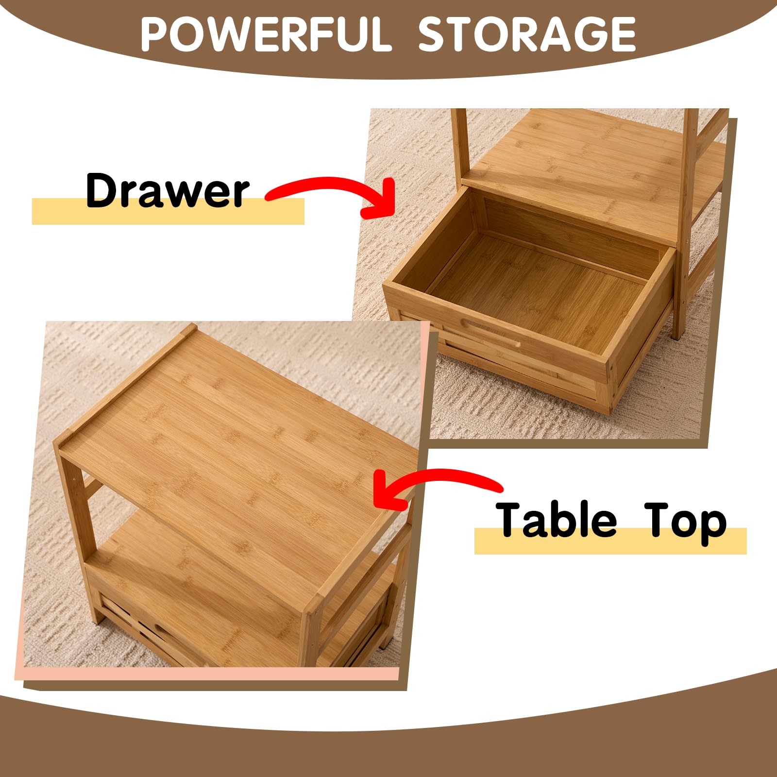 Bamboo Nightstand with Drawer and Storage Shelves
