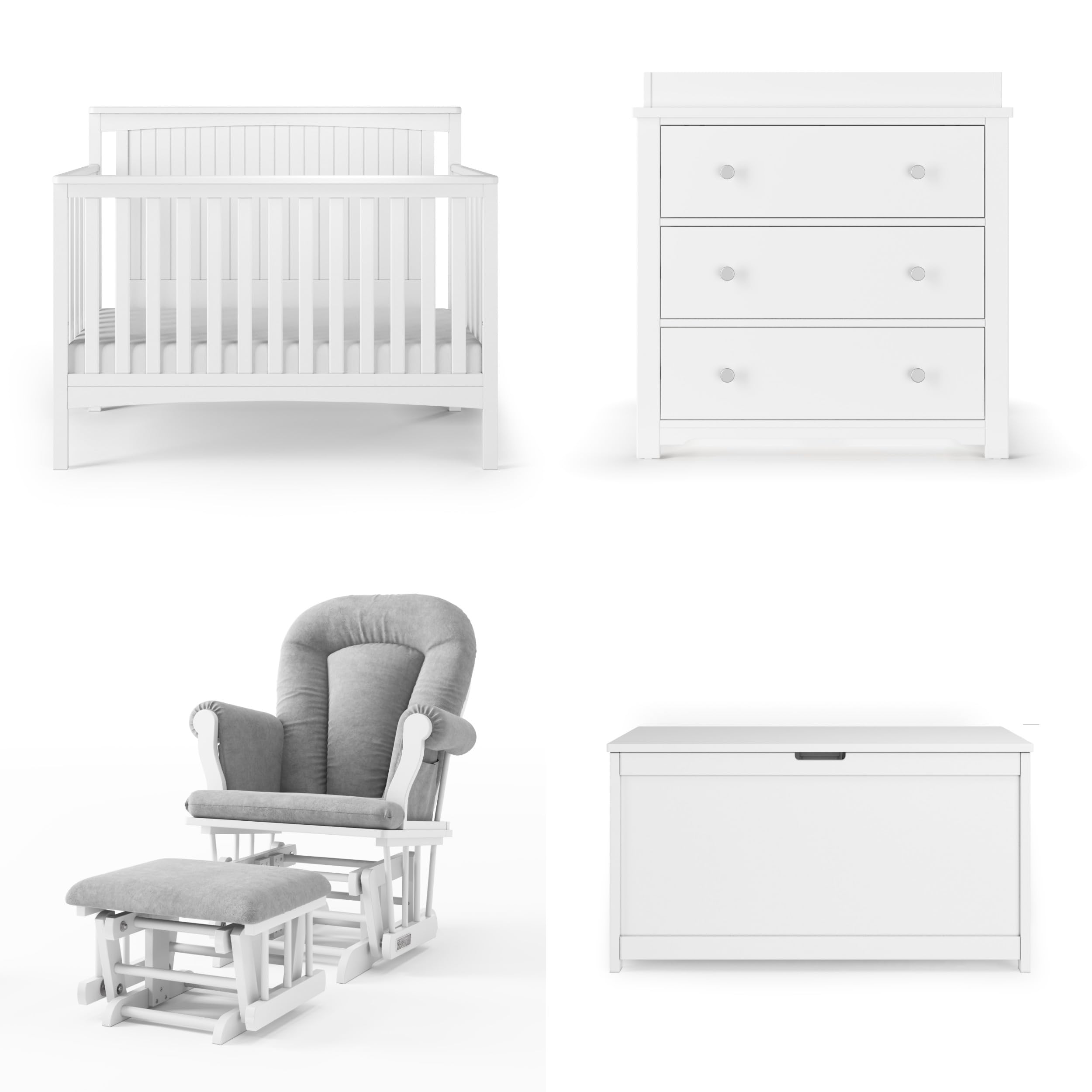 4-Piece Nursery Furniture Set with Convertible Crib, Dresser, Glider and Toy Box