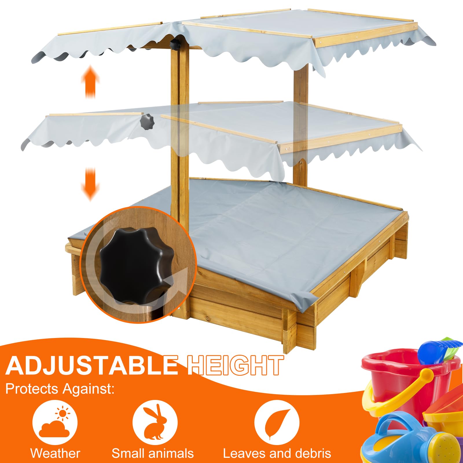 Wooden Sandbox with Adjustable Canopy Cover and Benches
