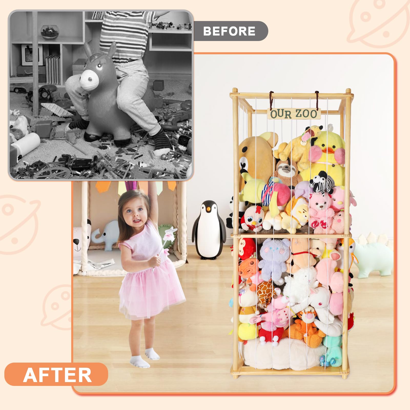 63” Large Stuffed Animal Storage for Children-Wood Plush Storage Organizer