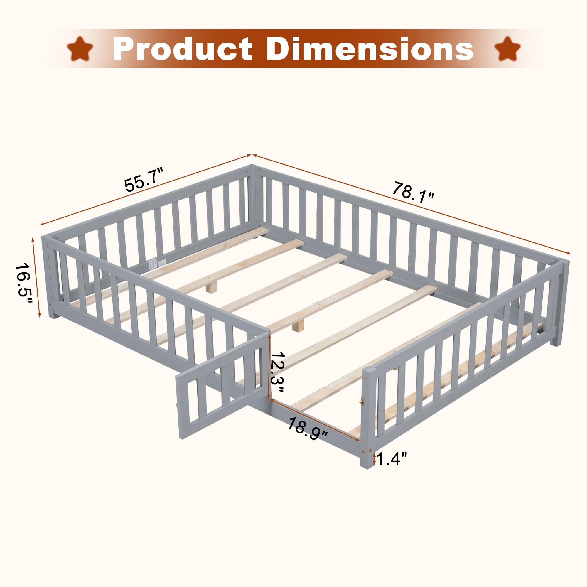 Full Size Floor Bed with High Guardrails and Door