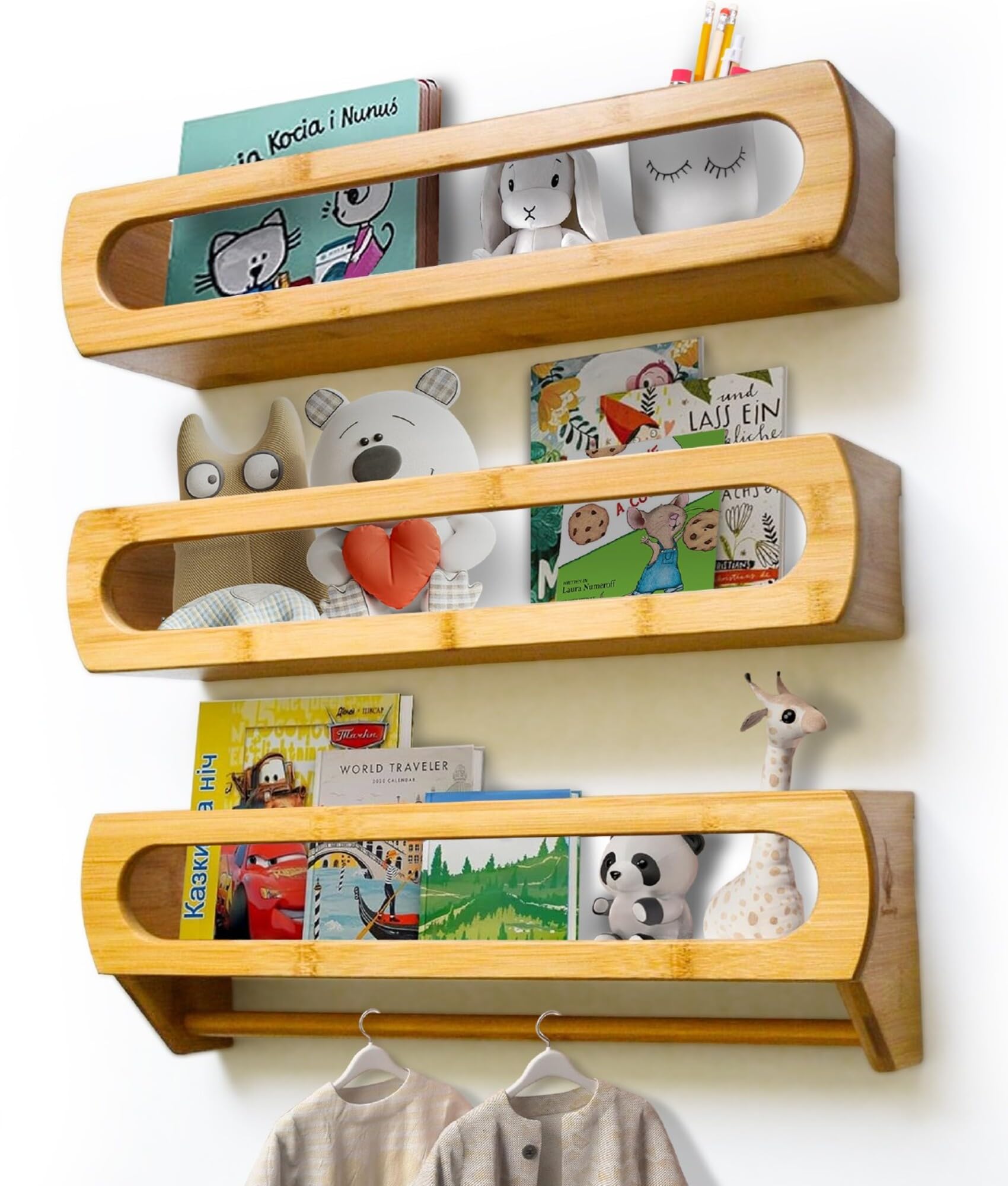 Nursery Floating Shelves for Wall Set of 3 – Premium Solid Bamboo