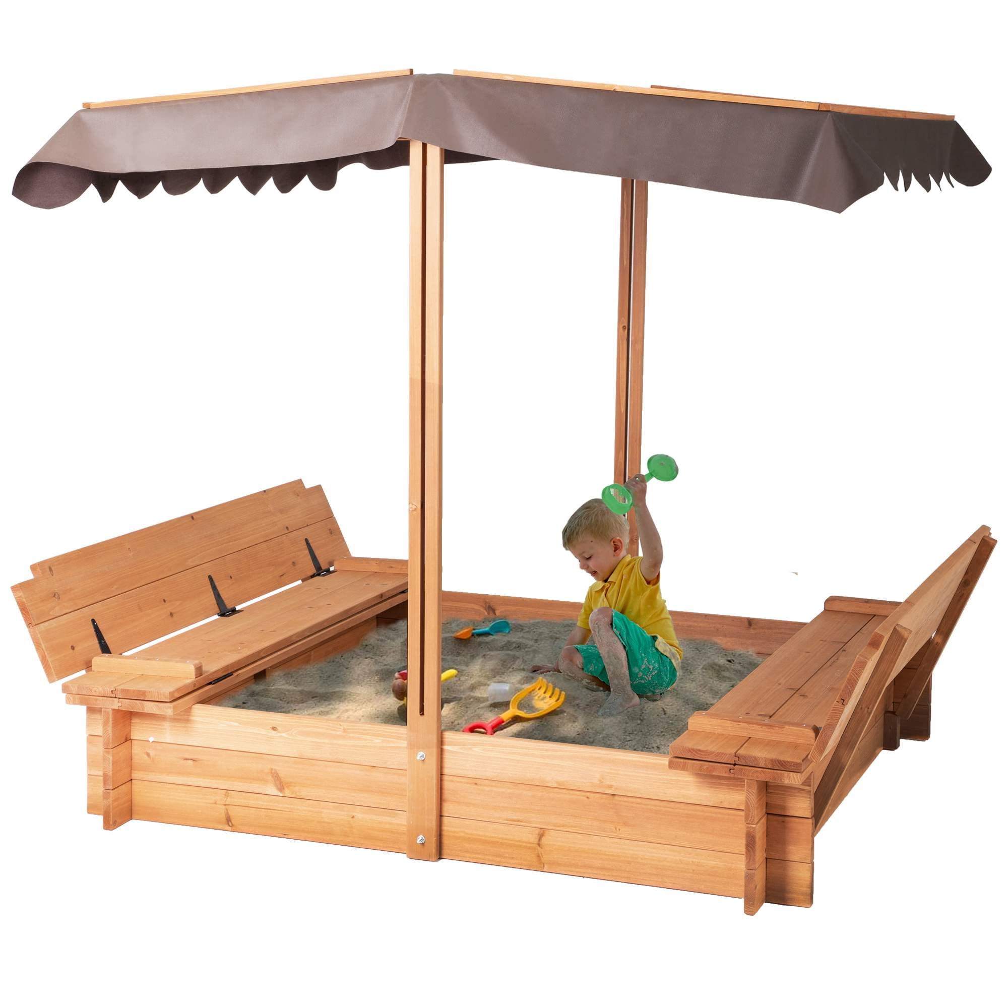 Wooden Sandbox with Canopy Cover and Bench Seats