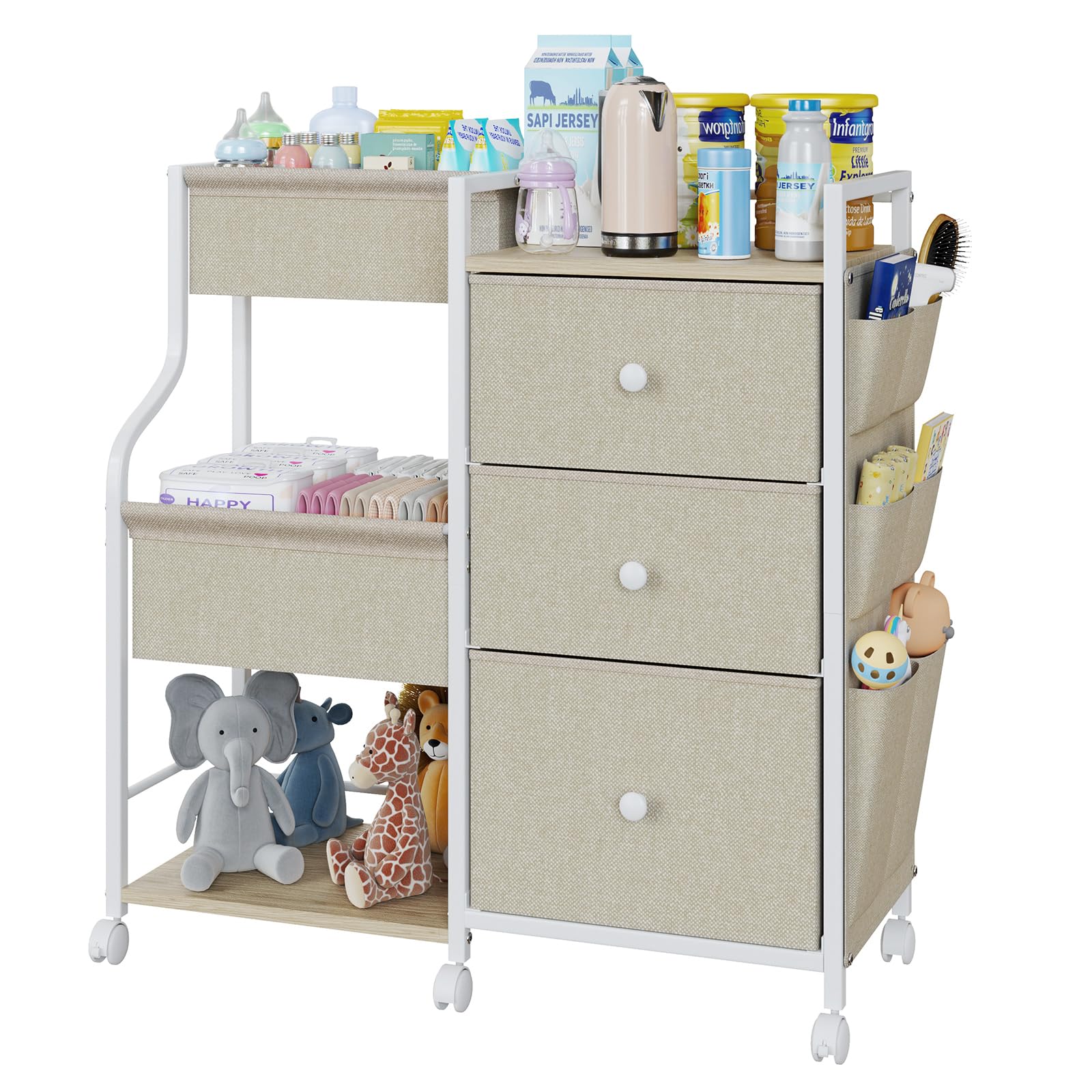 3-Tier Rolling Baby Organizer Cart with Dividers and Drawers