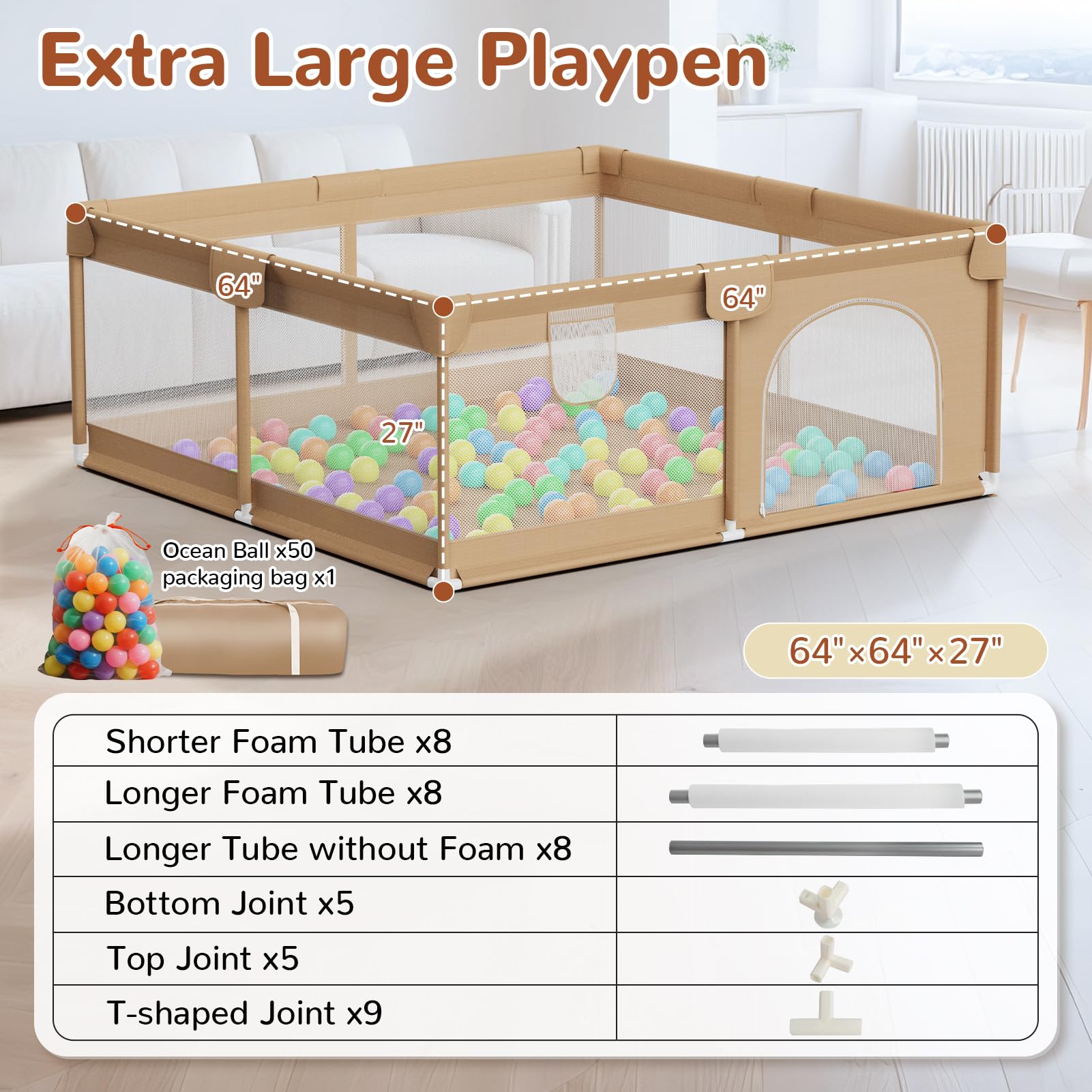 Extra Large Baby Playpen 64x64 Inch with Ocean Balls