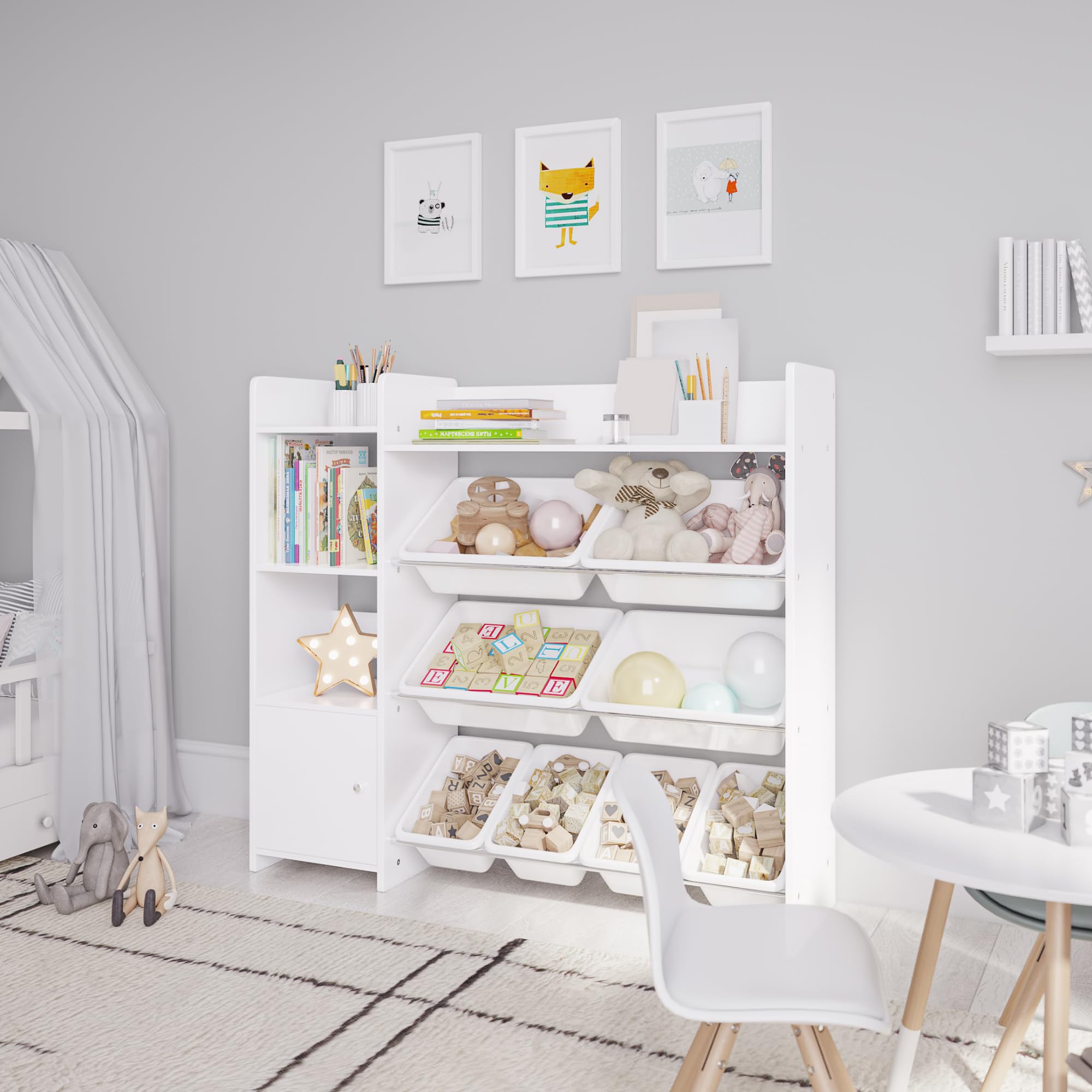 Toy Storage Organizer with Kids Toy Shelf and 8 White Toy Bins – Perfect Toy Storage