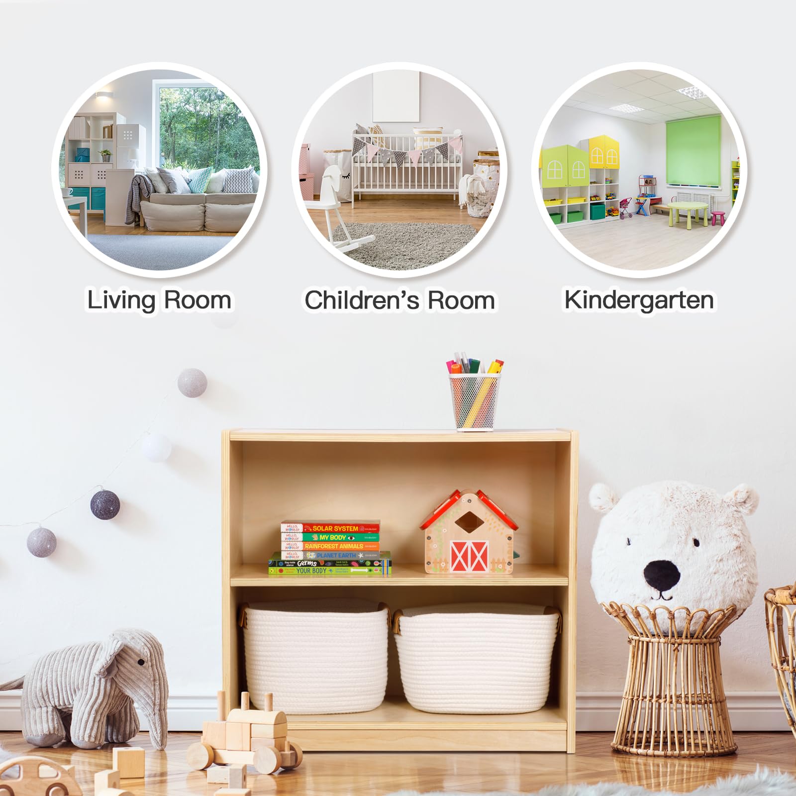 2-Tier Wooden Montessori Storage Shelf for Kids