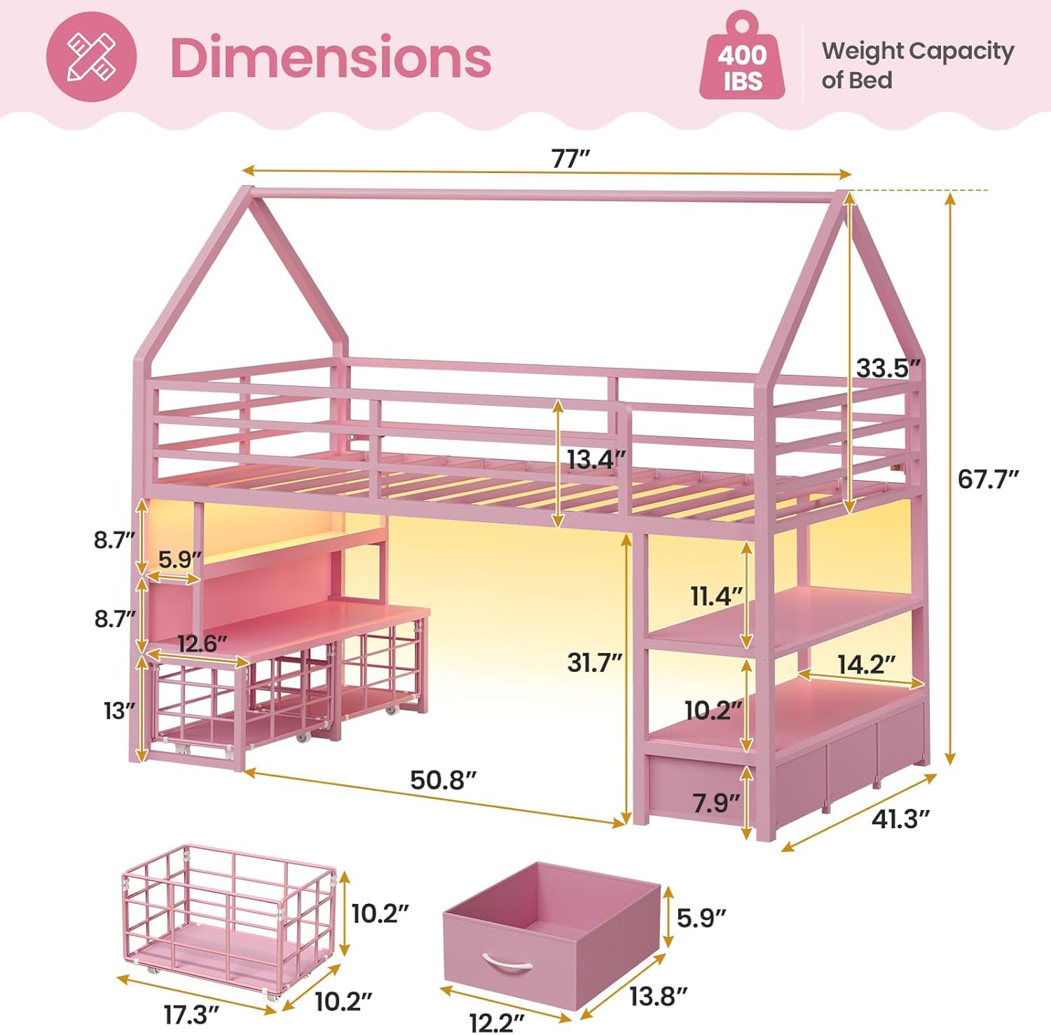 Twin Loft Bed with Storage Drawers and LED Lights
