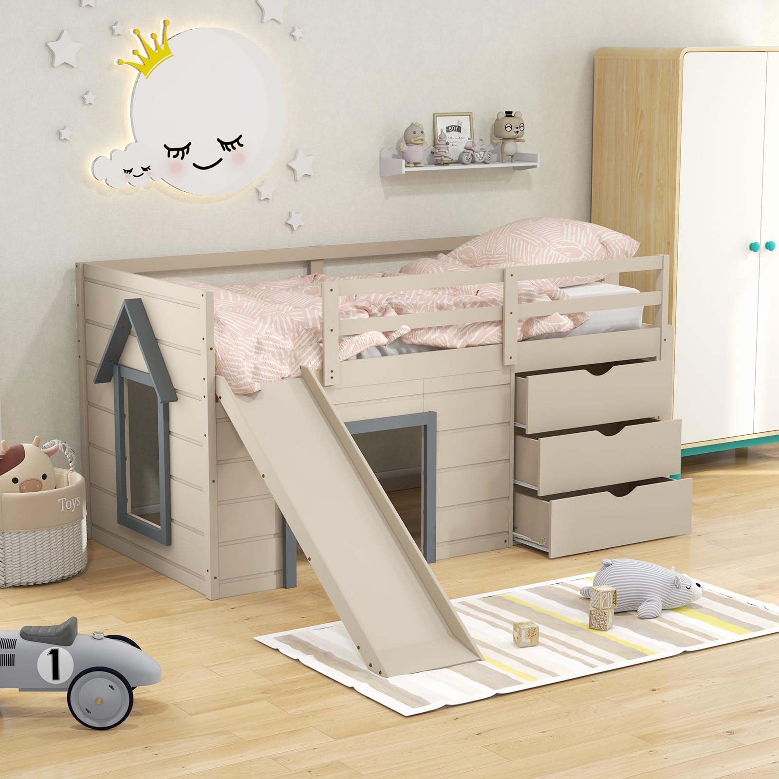 Twin Low Loft Bed with Slide and Storage Drawers