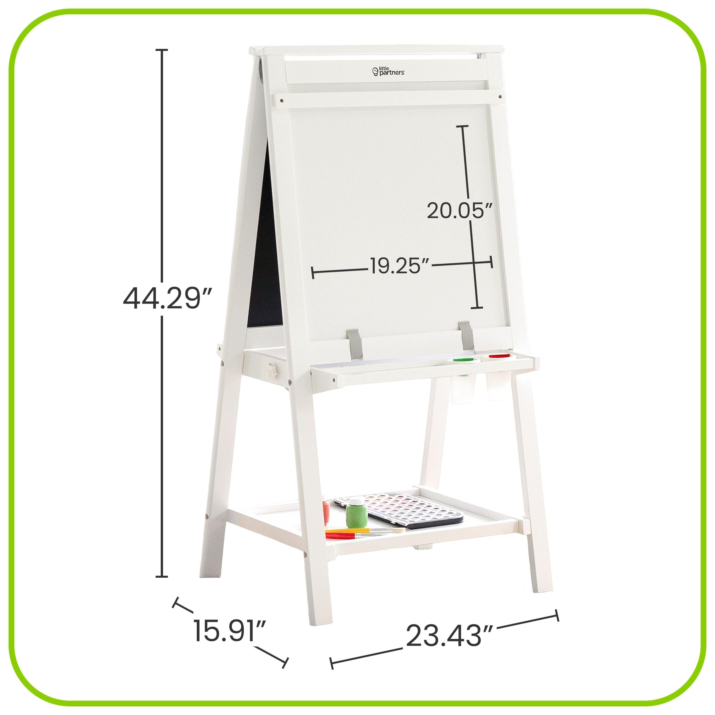 Little Partners Folding EZ Painting Easel for Kids, Dual-Sided Art Easel for Kids Art Station, Folds Flat with Chalkboard, Dry Erase Whiteboard, Paper, Eraser, Paint Cups, Shelf (Soft White)