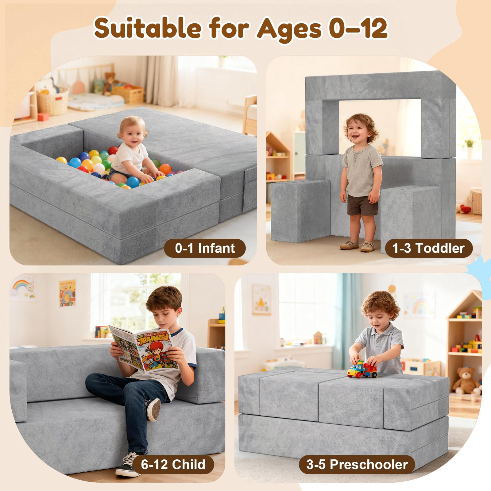 Modular Kids Play Couch 6-Piece Foam Set
