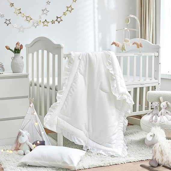 3 Pieces Crib Bedding Set Baby Ruffle Quilted Comforter with Fitted Sheet and Pillowcase
