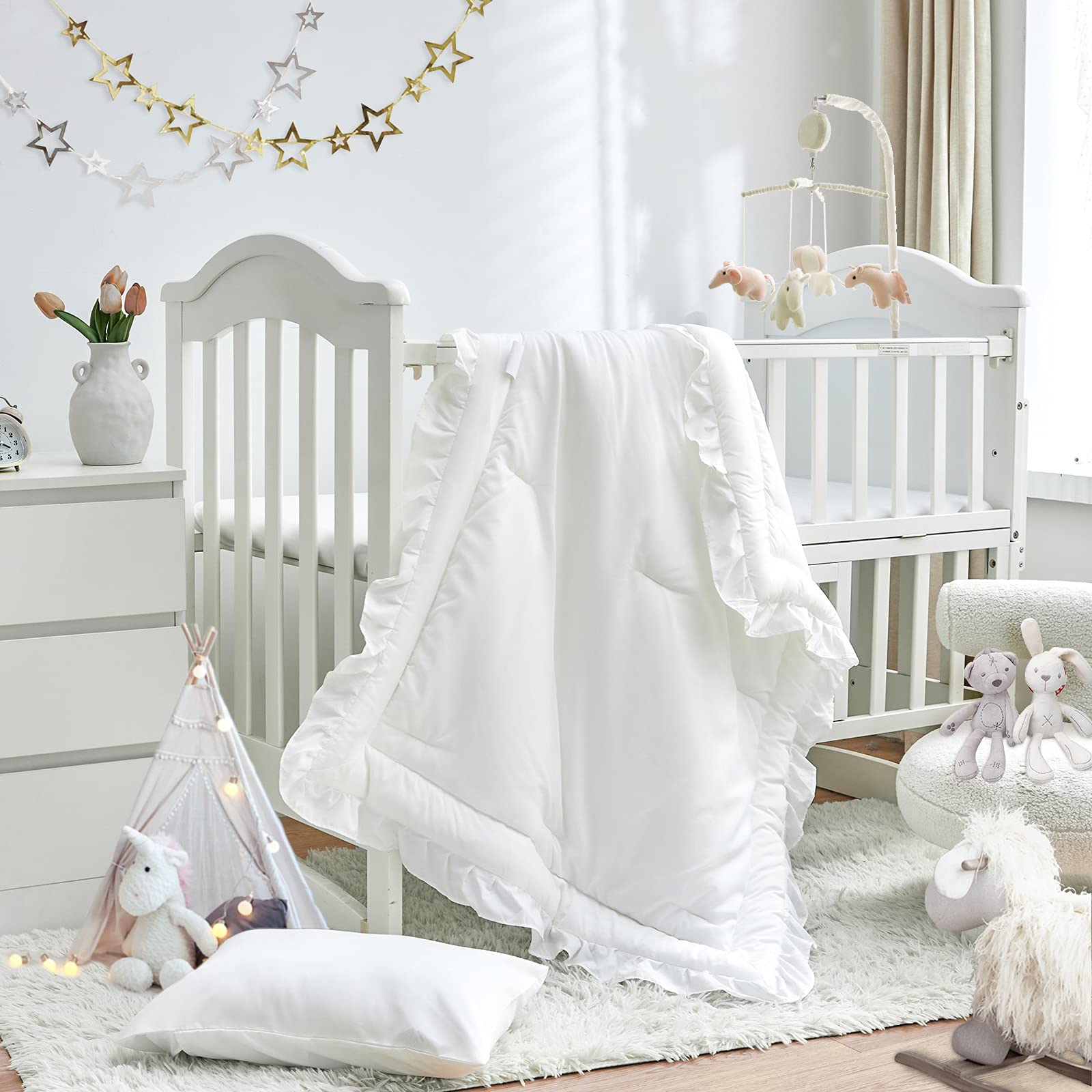 3 Pieces Crib Bedding Set Baby Ruffle Quilted Comforter with Fitted Sheet and Pillowcase