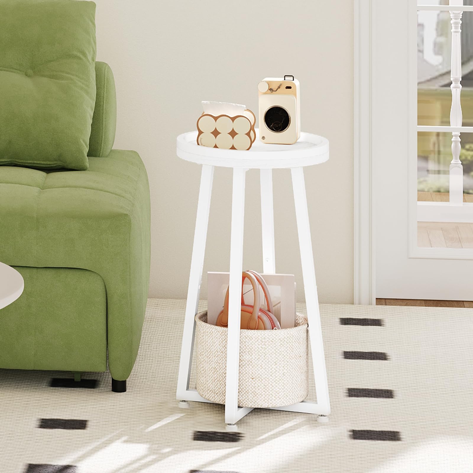 2-Tier Round Side Table with Storage Basket