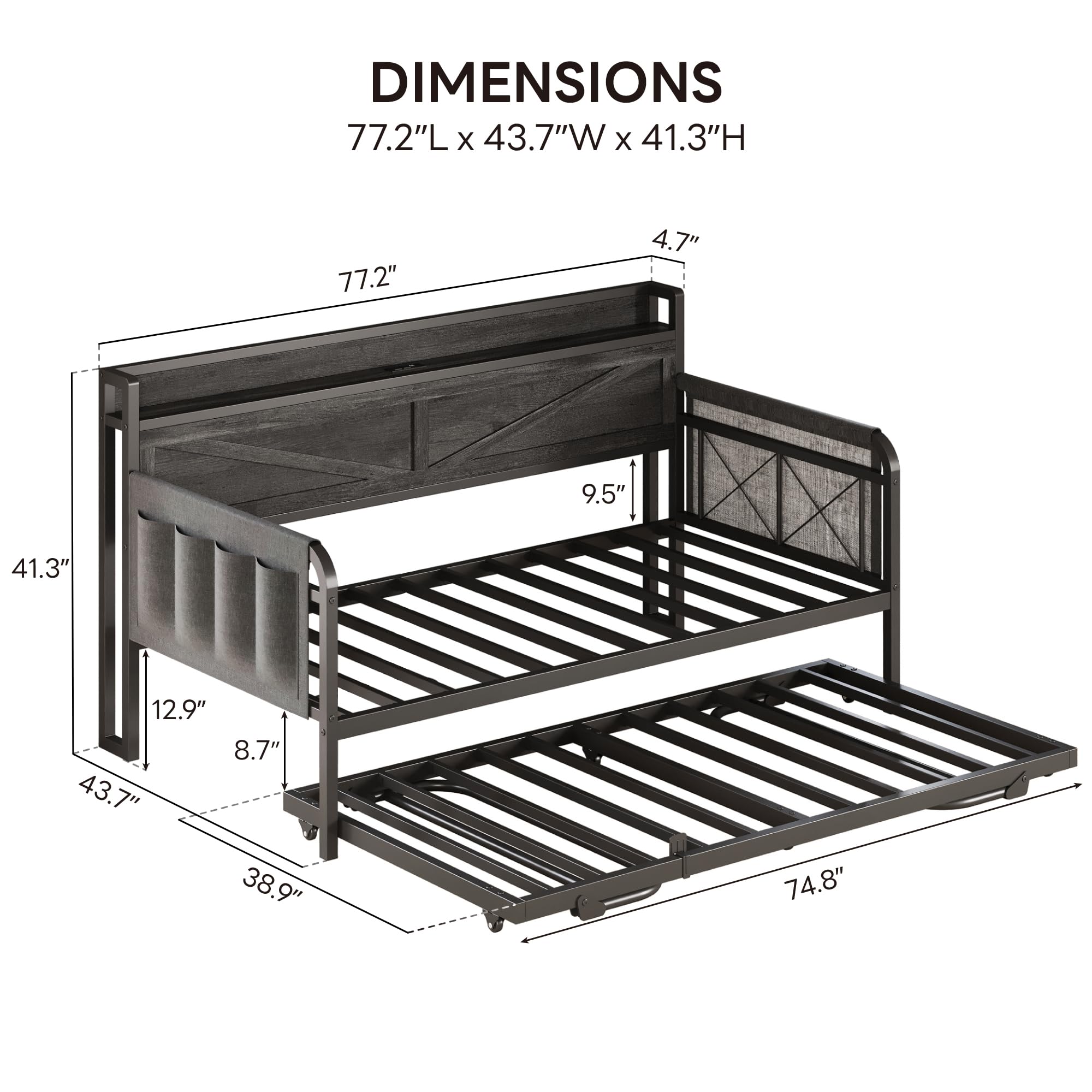 Twin Daybed with Trundle and Storage Headboard