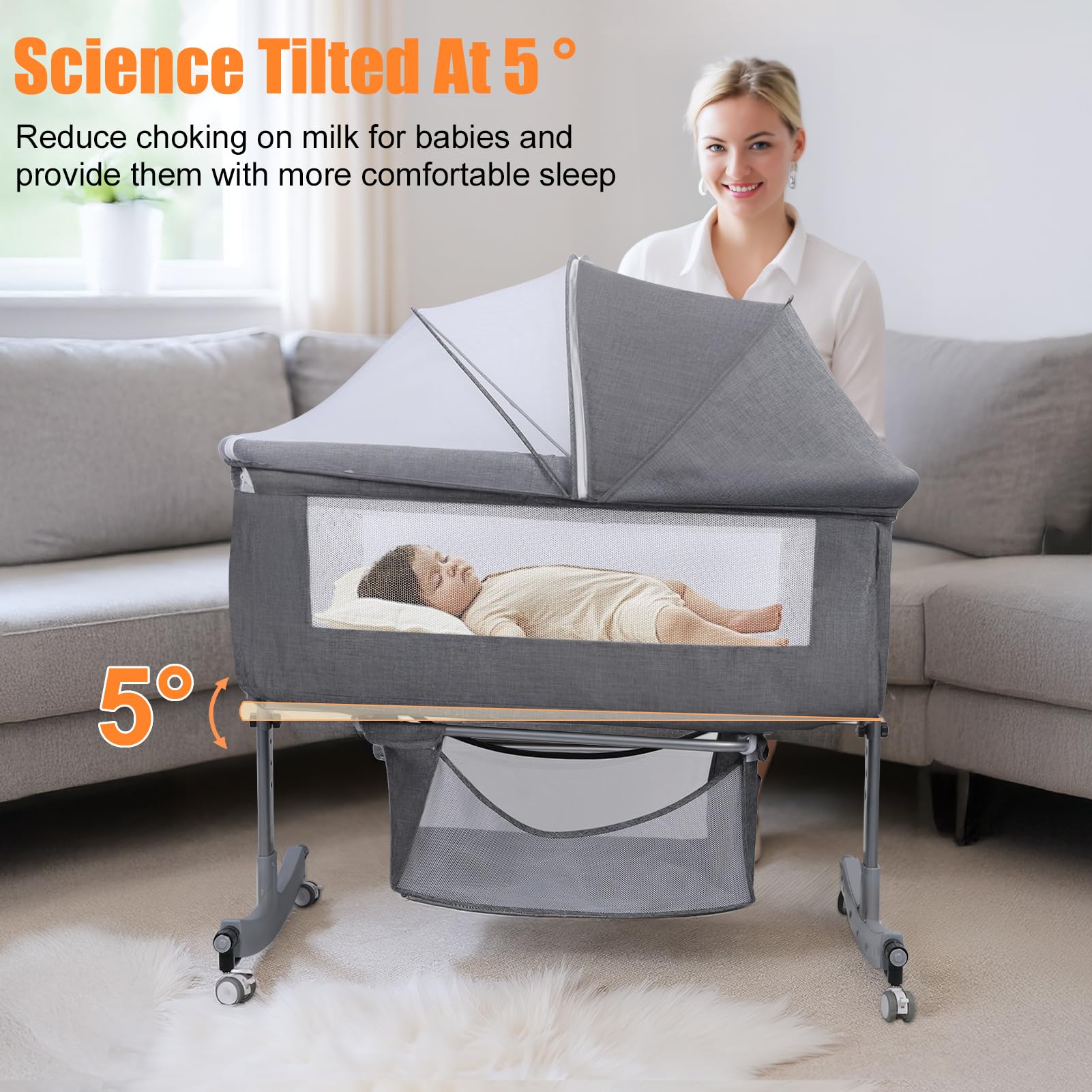 Height Adjustable Bedside Bassinet with Mosquito Net