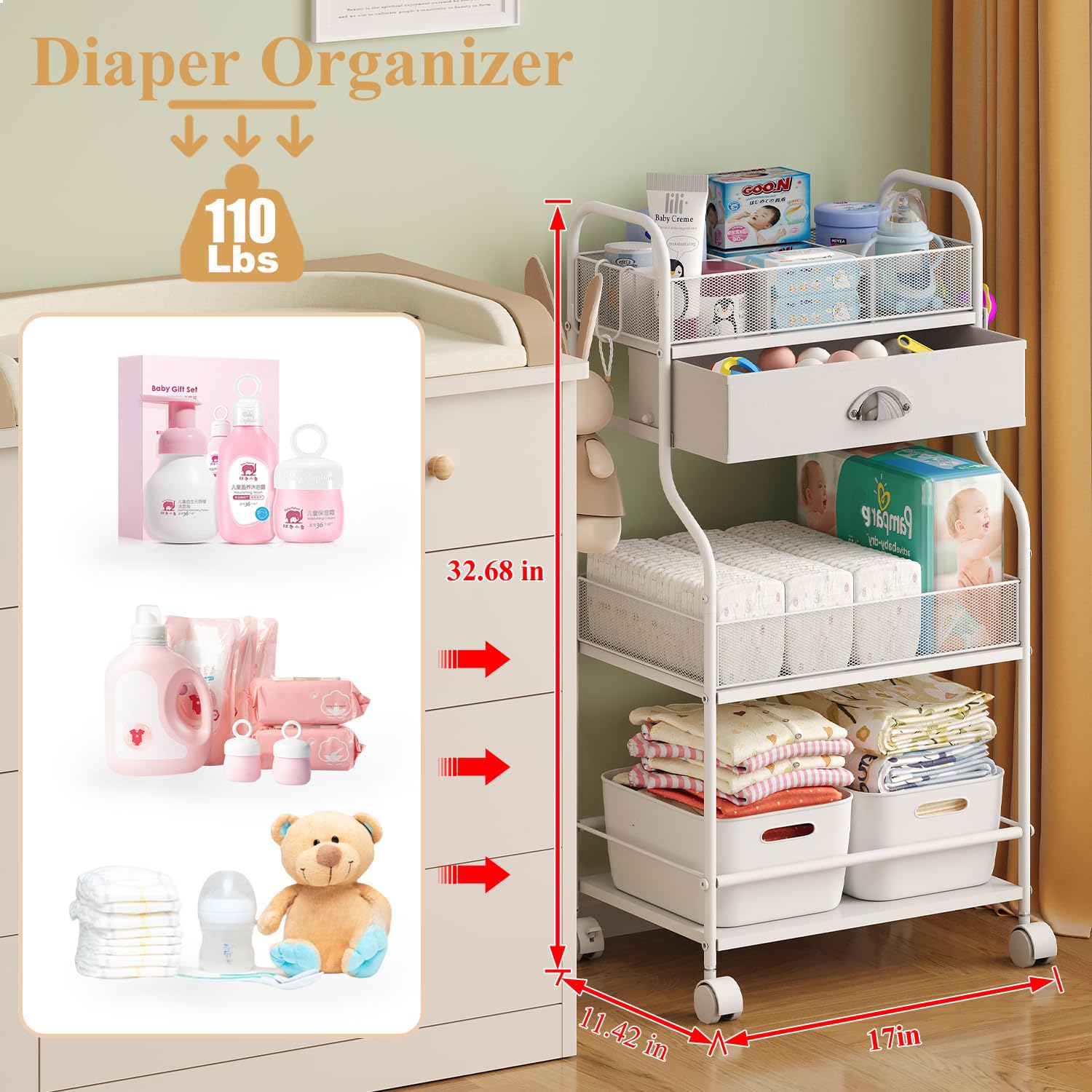 Baby Diaper Caddy Cart Organizer -3 Tier, Bedside Nursery