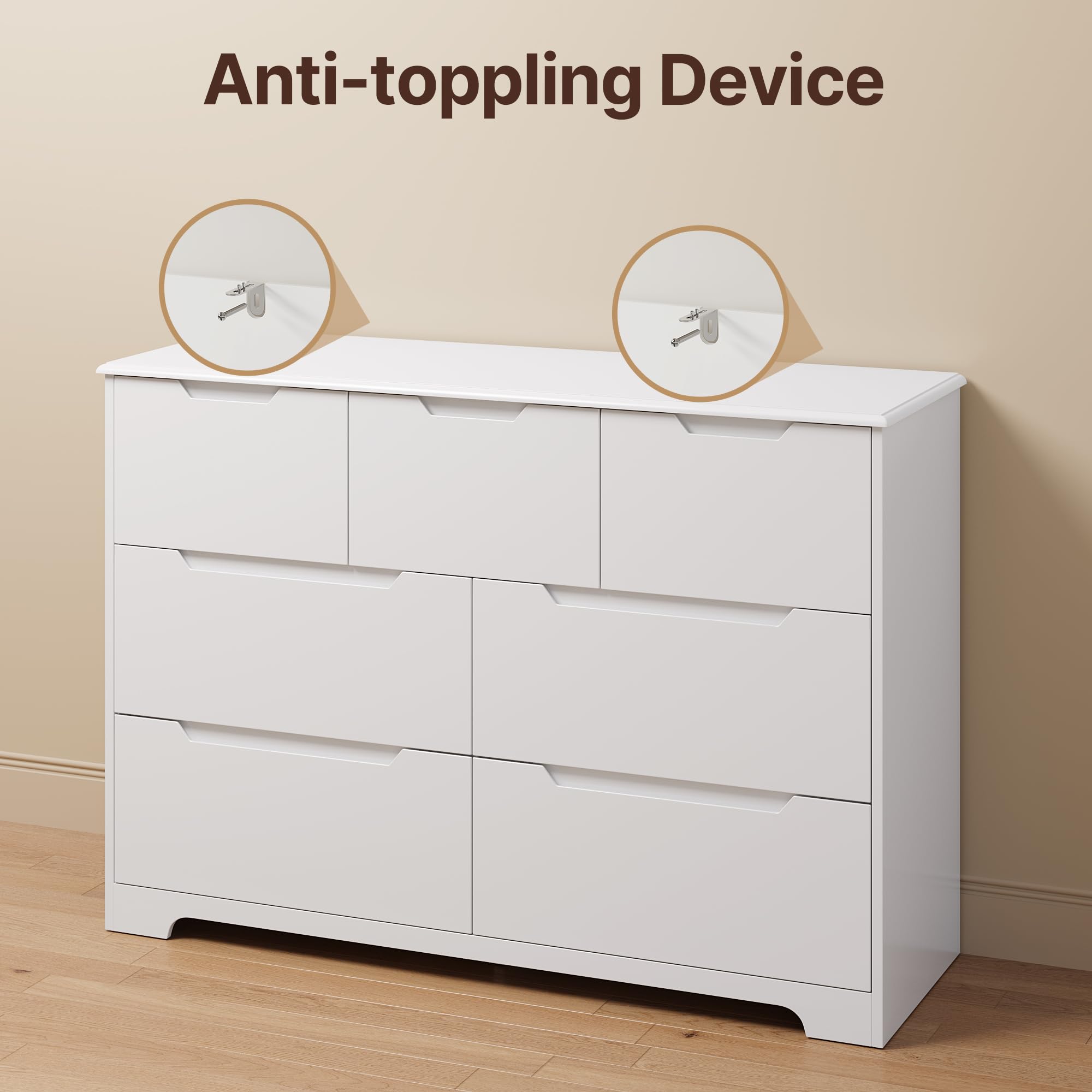 7-Drawer White Dresser 48" Wide for Bedroom Storage