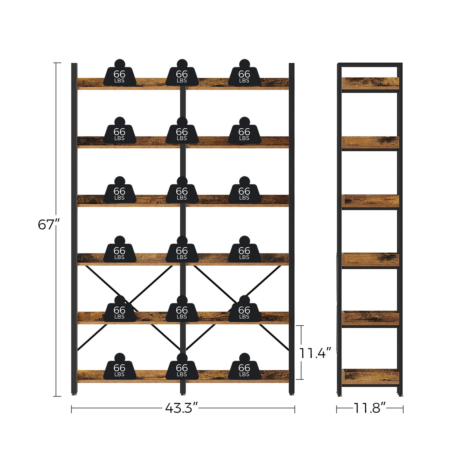 Bookshelf 6 Tier with 4 Hooks, 67” Industrial Wooden Bookcase