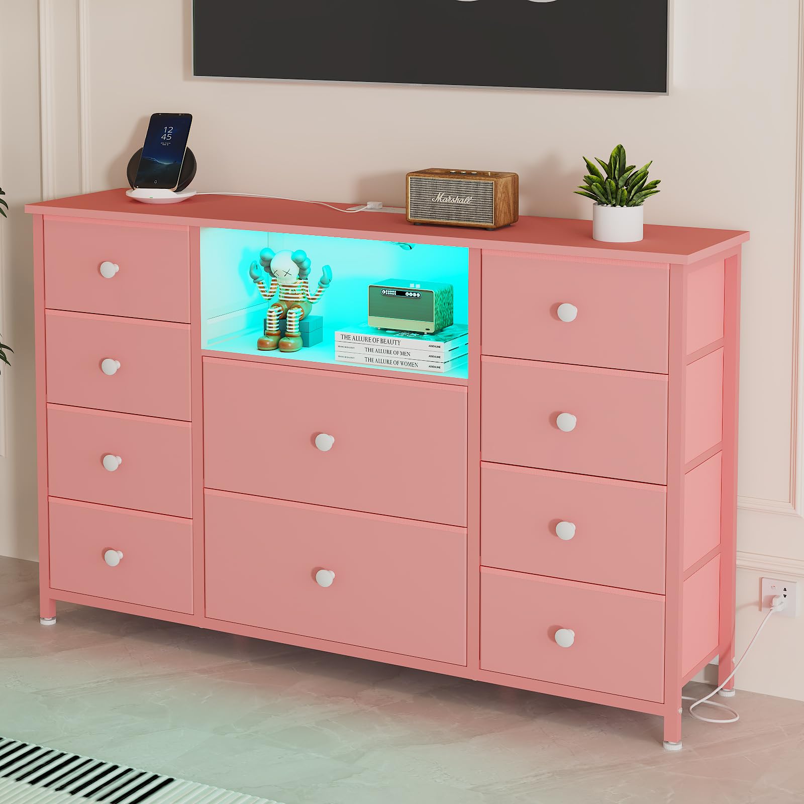 Dresser with Charging Station and LED Lights, Pink Dressers