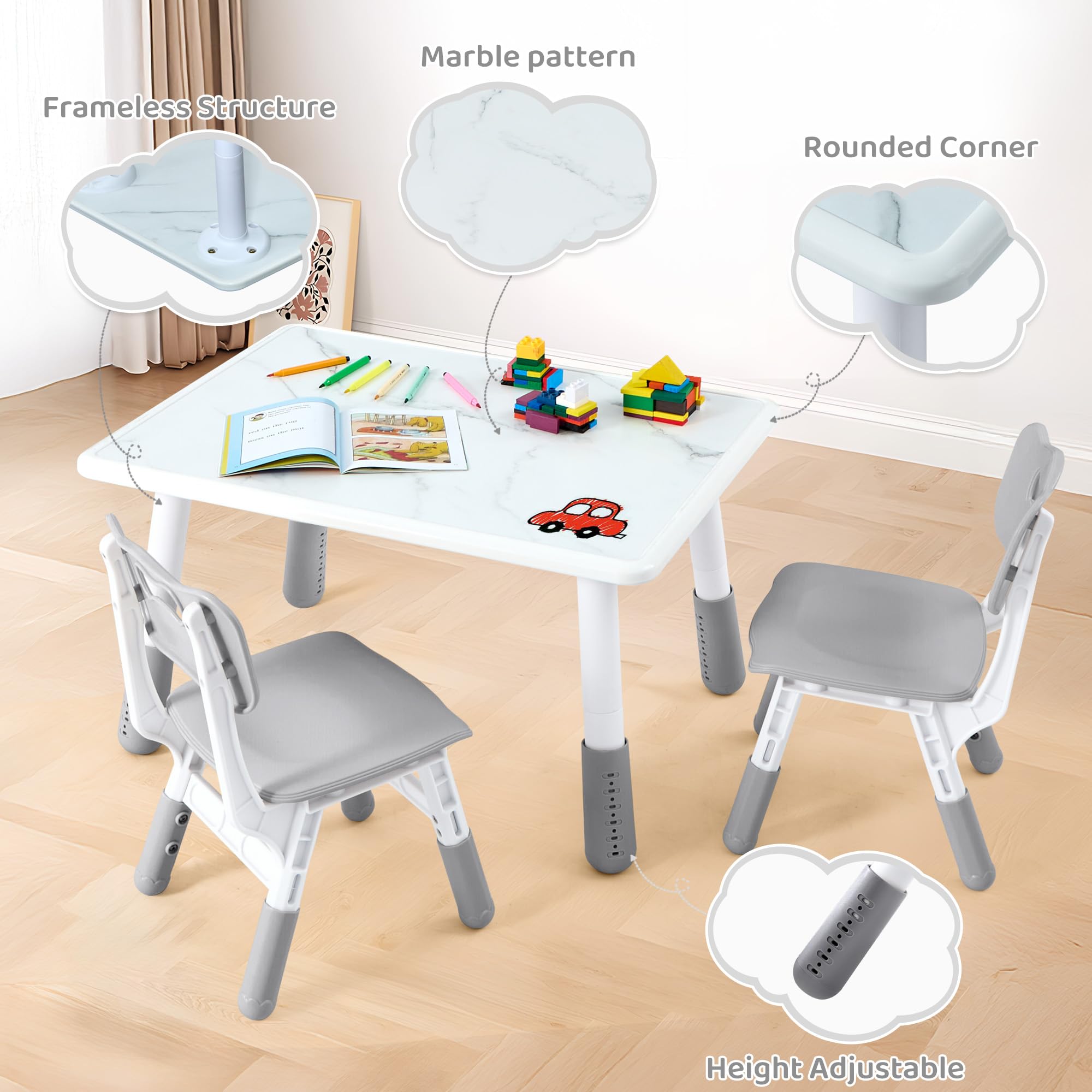 Height Adjustable Kids Table and Chair Set with Marble Pattern Desktop