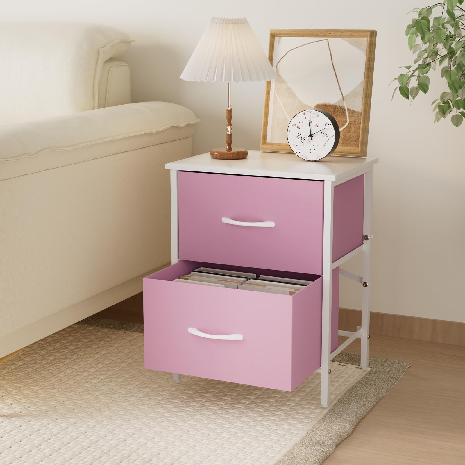 Stero Nightstand Set of 2, Kids Dresser with 2 Drawers, Steel Frame Bedside Furniture, Wood Top Fabric Night Stand, Colorful End Table for Home, Bedroom, Office, Pink