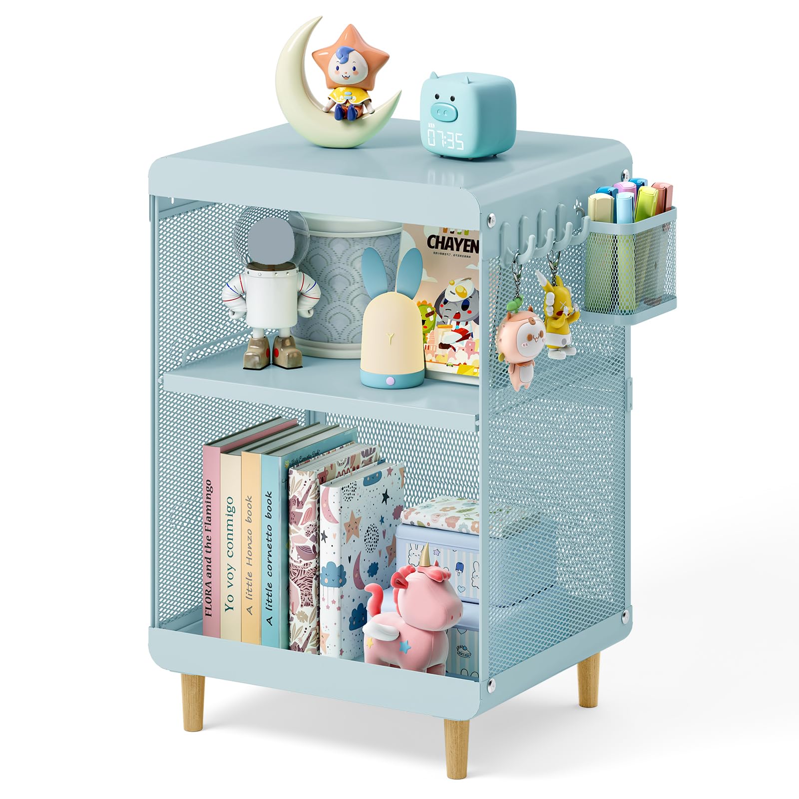 Kids Mint Green Nightstand with Storage Shelves