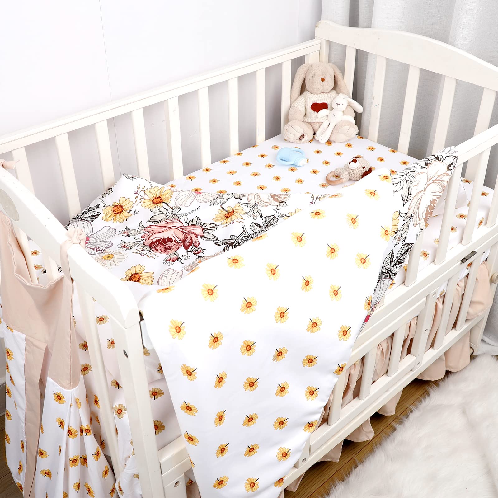 4-Piece Crib Bedding Set for Girls, Boho Baby Girl Bedding Set with Crib Skirt, Baby Quilt, Crib Sheet and Diaper Stacker, Flower