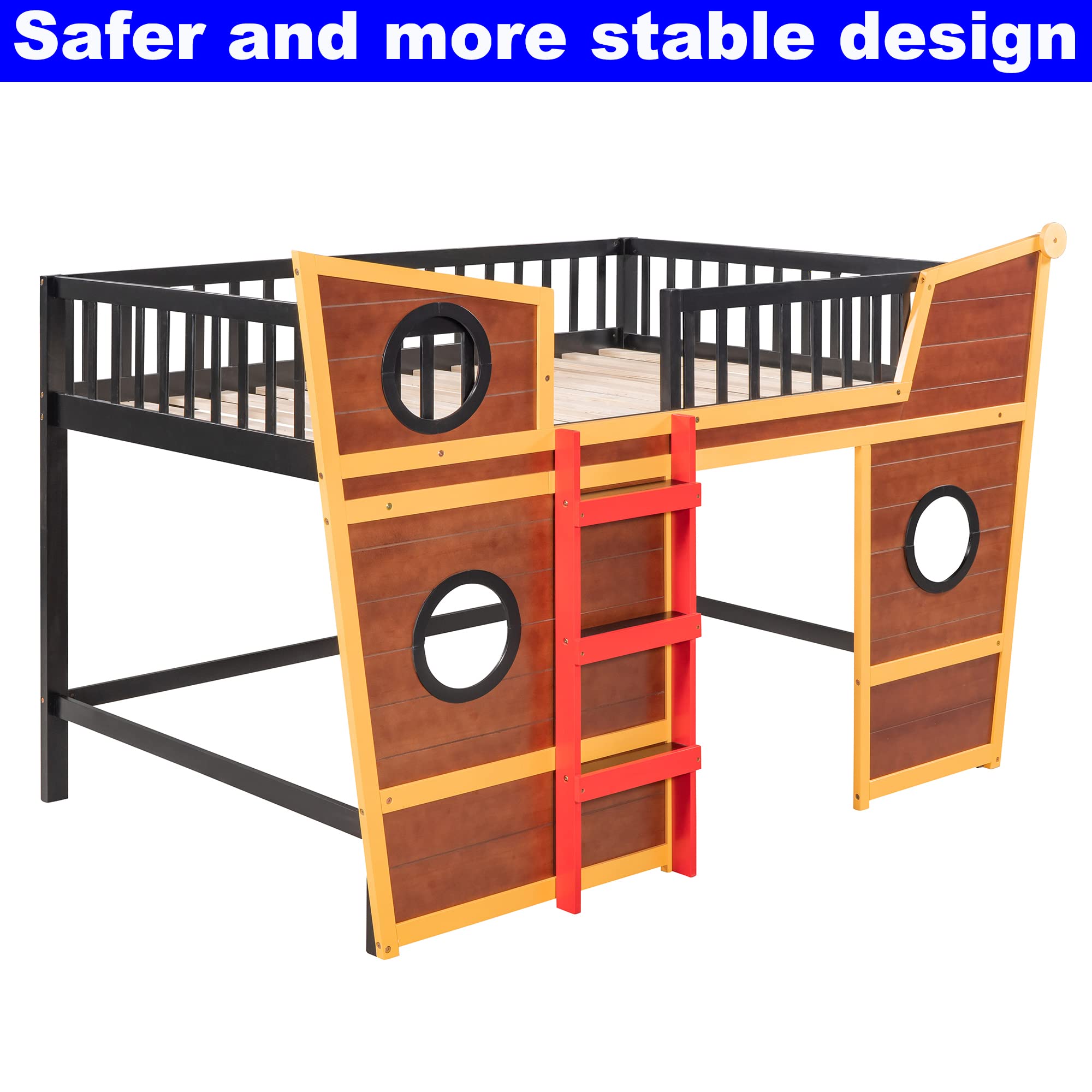 Full Size Low Loft Bed with Boat Design and Safety Rail