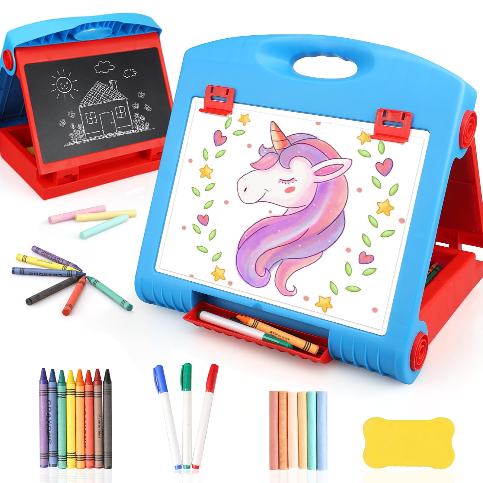 Tabletop Art Easel for Kids 3-in-1 Chalkboard Whiteboard Set