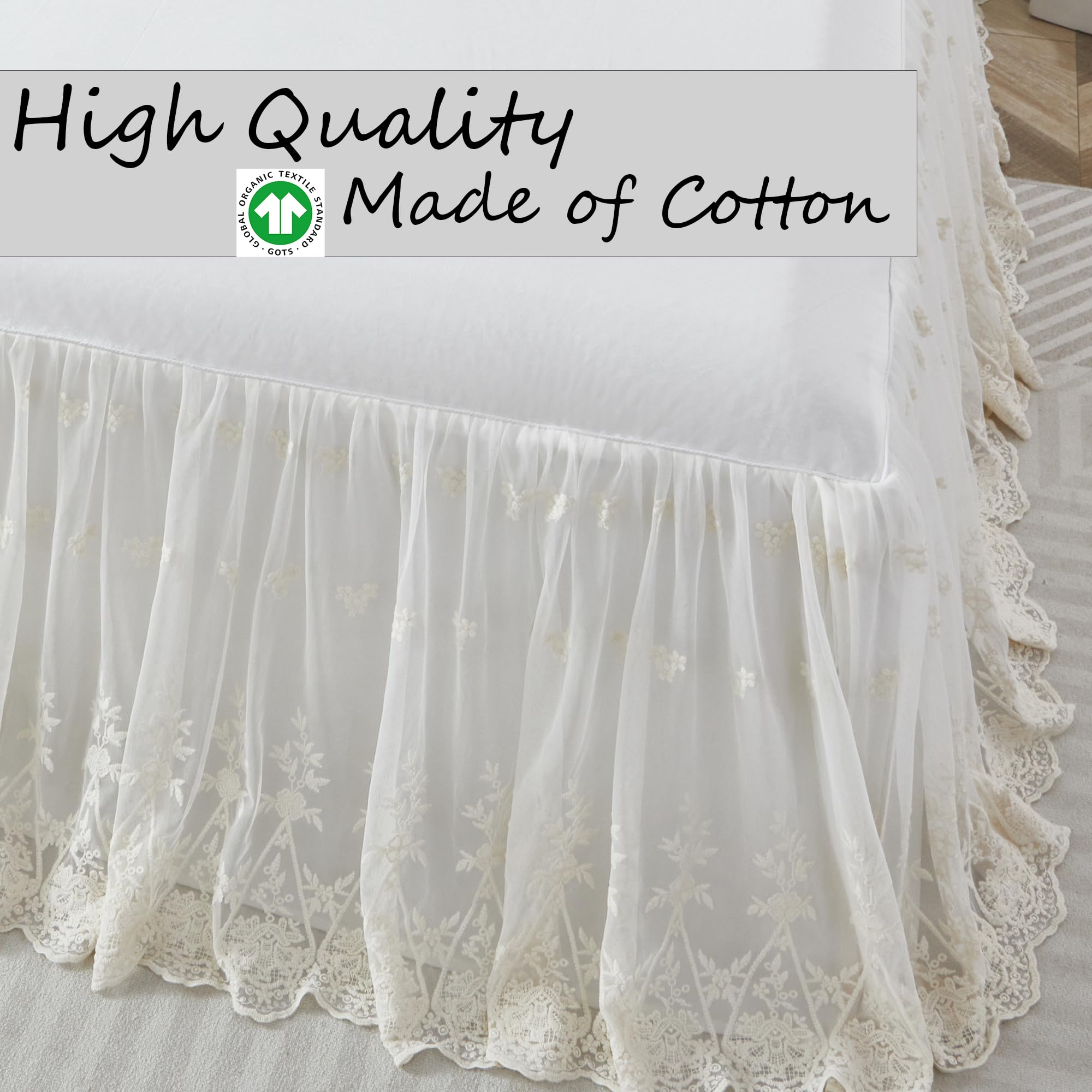 Brandream Lace Bed Skirt Boho Bohemian Girl Baby Nursery Crib Bed Skirt Dust Ruffle - Solid Color Romantic Cream Off White Farmhouse Chic 100% Cotton Ruffle Excellent Quality